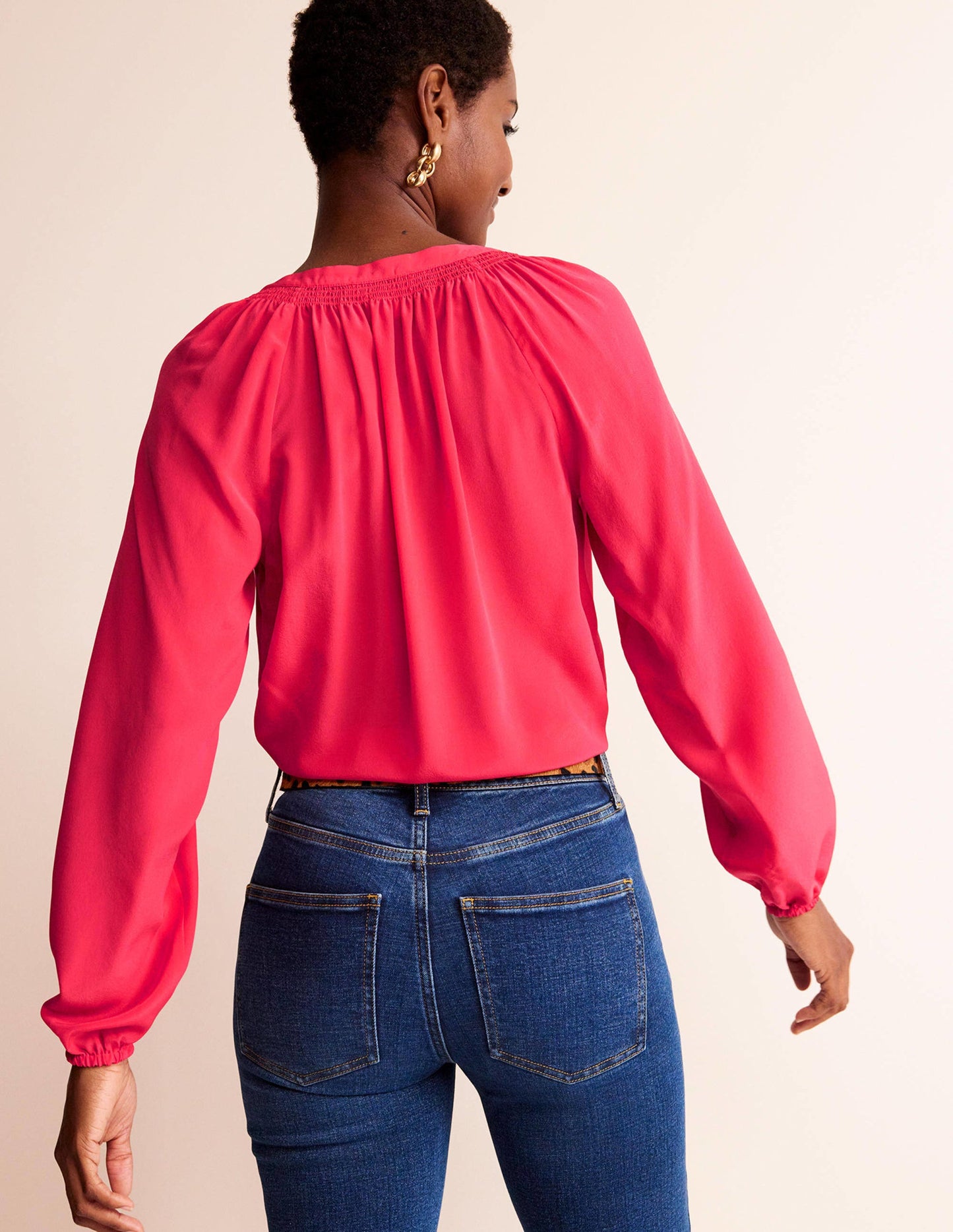 Gathered Neck Silk Blouse-Pop Peony