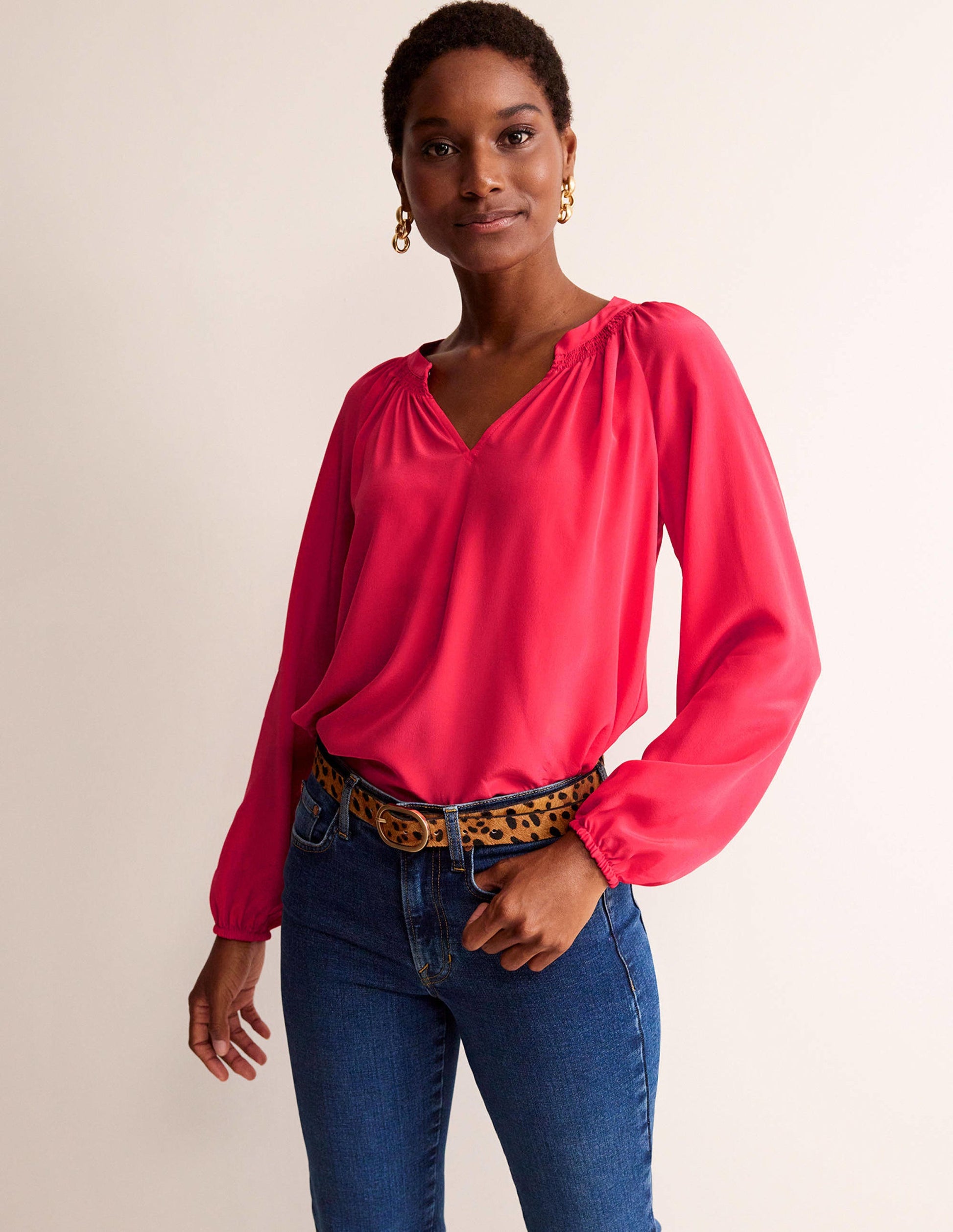 Gathered Neck Silk Blouse-Pop Peony-4