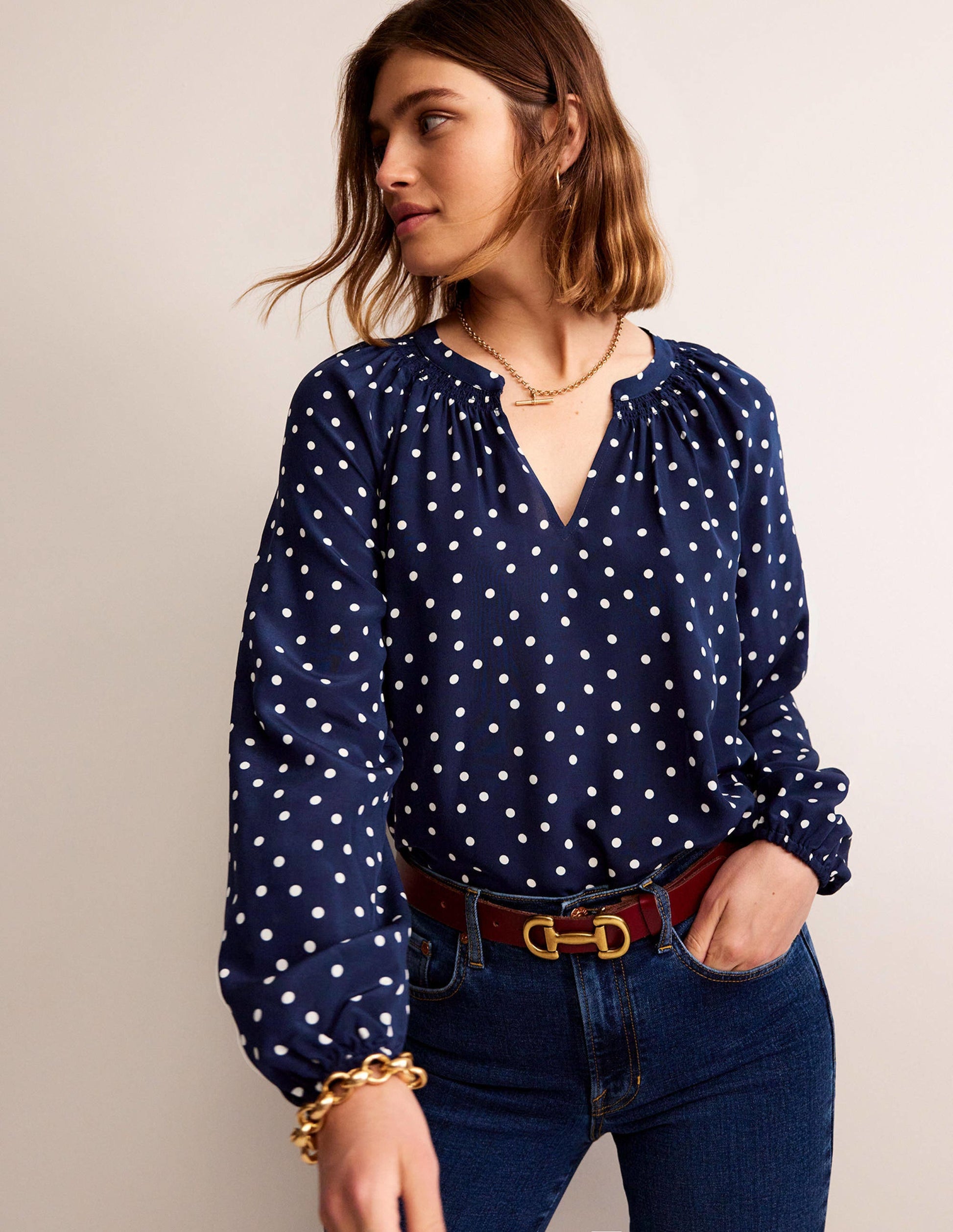 Gathered Neck Silk Blouse-Navy Spot-1