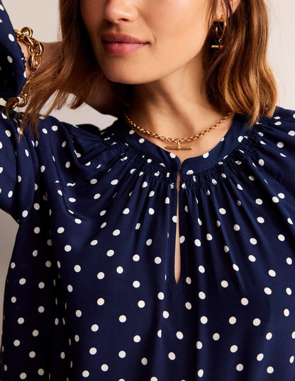 Gathered Neck Silk Blouse-Navy Spot-2