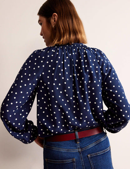 Gathered Neck Silk Blouse-Navy Spot-3