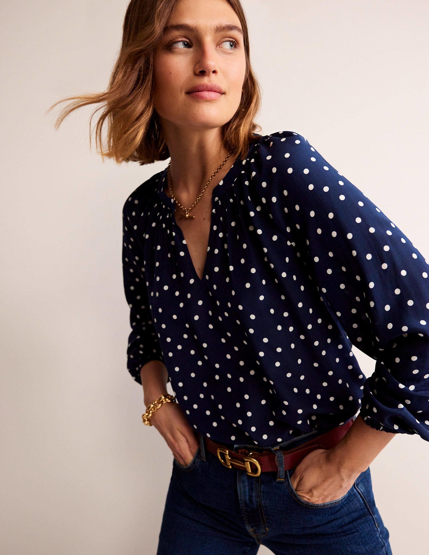 Gathered Neck Silk Blouse-Navy Spot