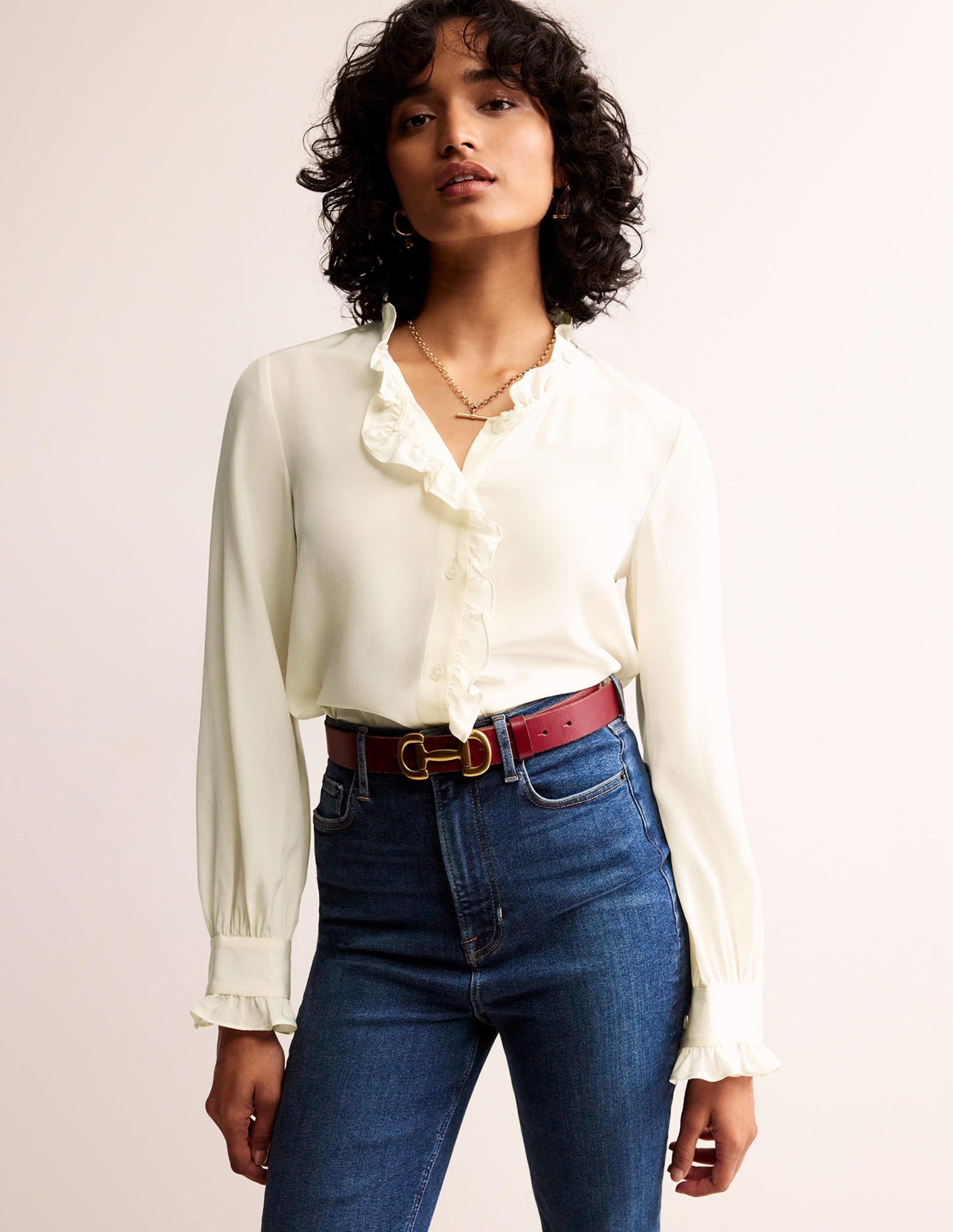 Ruffle Neck Silk Blouse-Ivory - Image 1