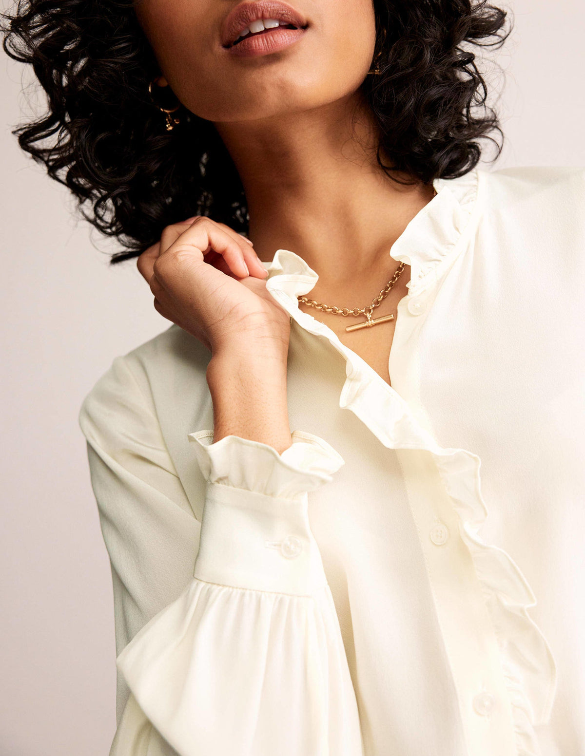 Ruffle Neck Silk Blouse-Ivory-2
