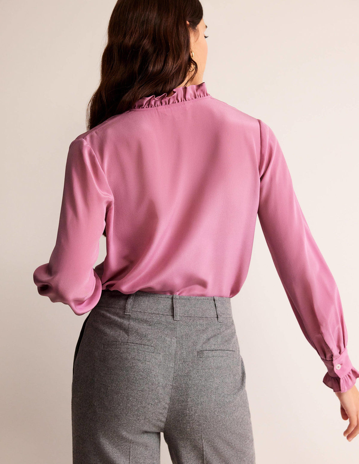 Ruffle Neck Silk Blouse-Strawberry Sherbet - Image 3