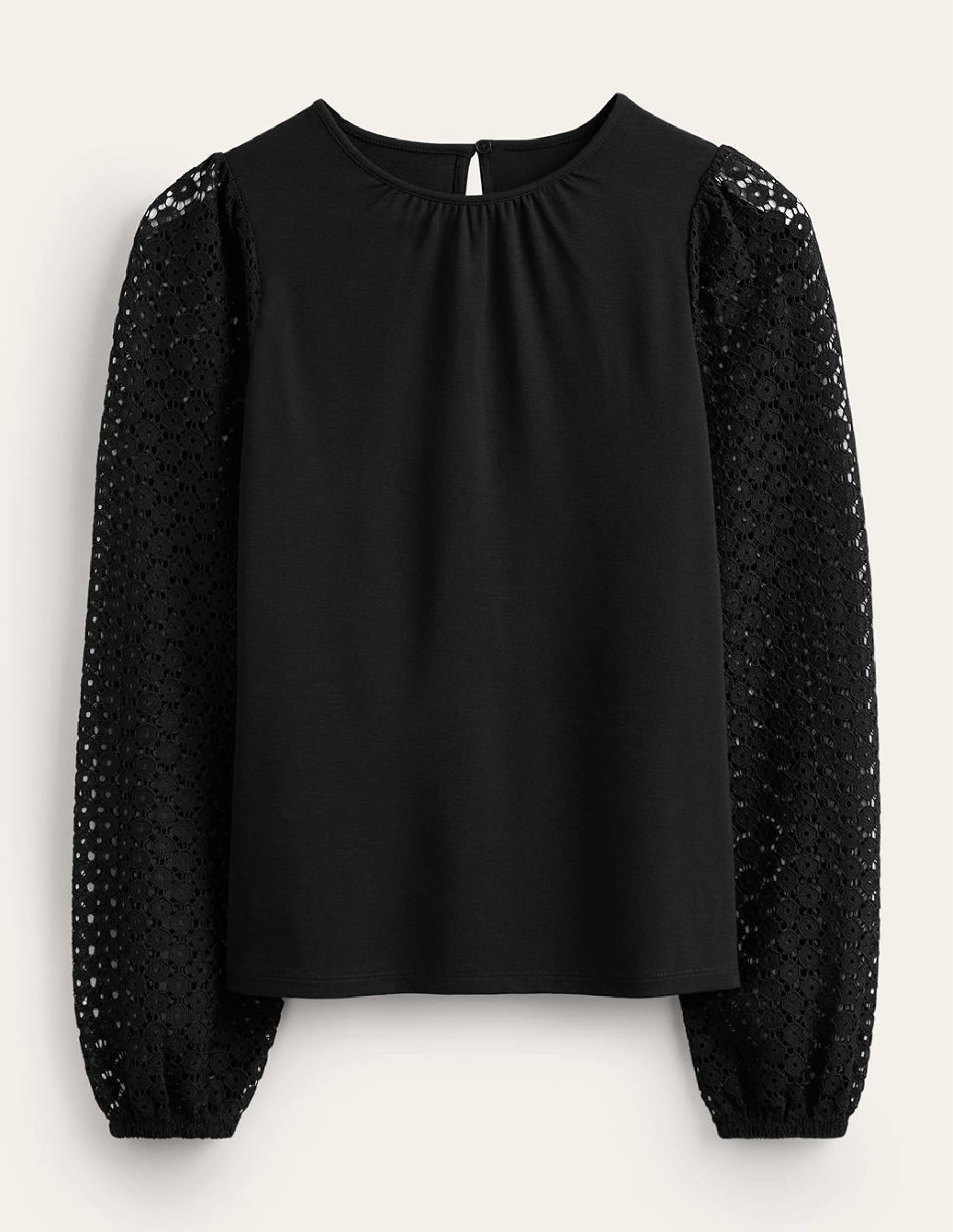 Crew Neck Lace-Sleeve Top-Black - Image 6