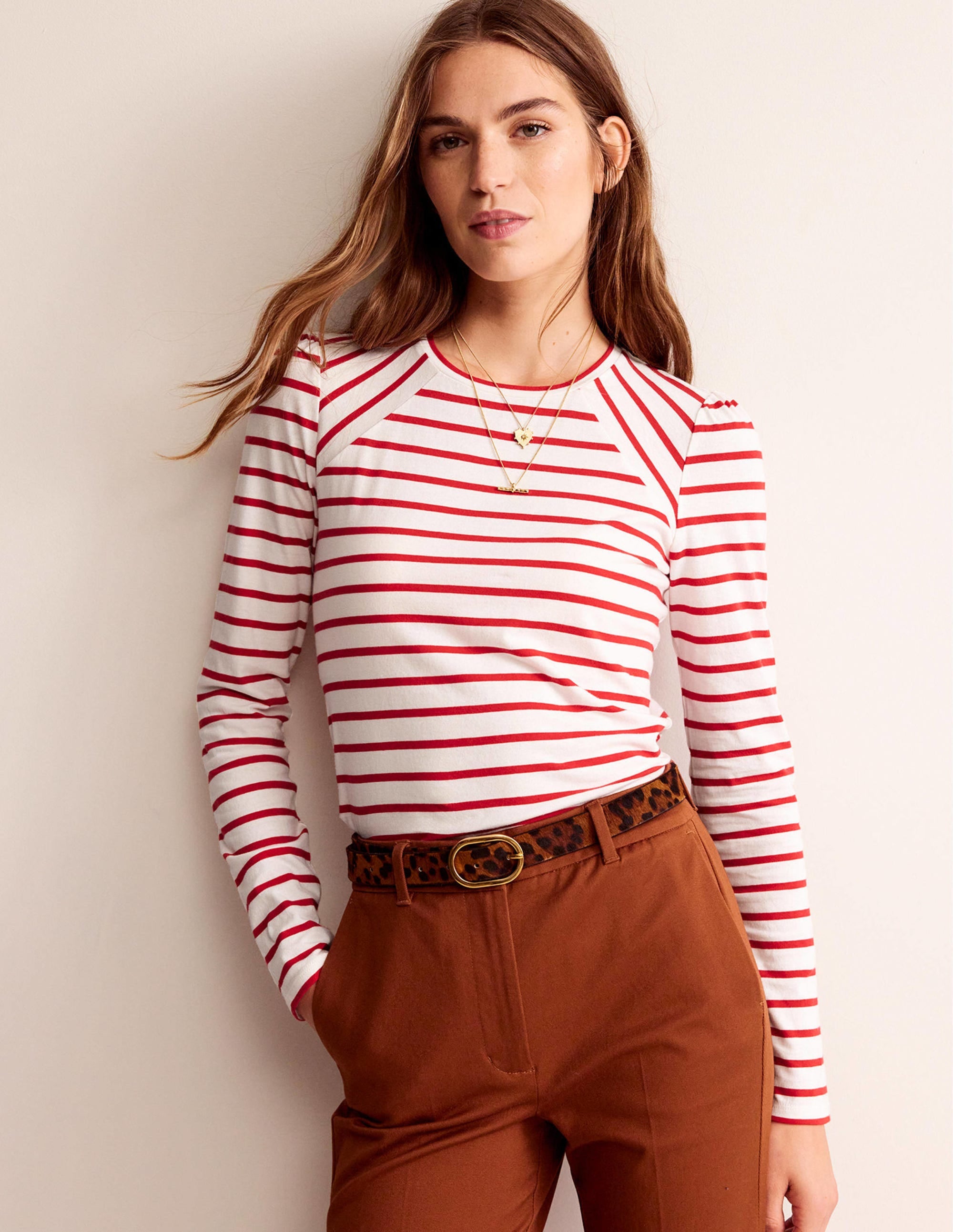 Arabella Stripe T-Shirt-Hot Pepper, Ivory - Image 1