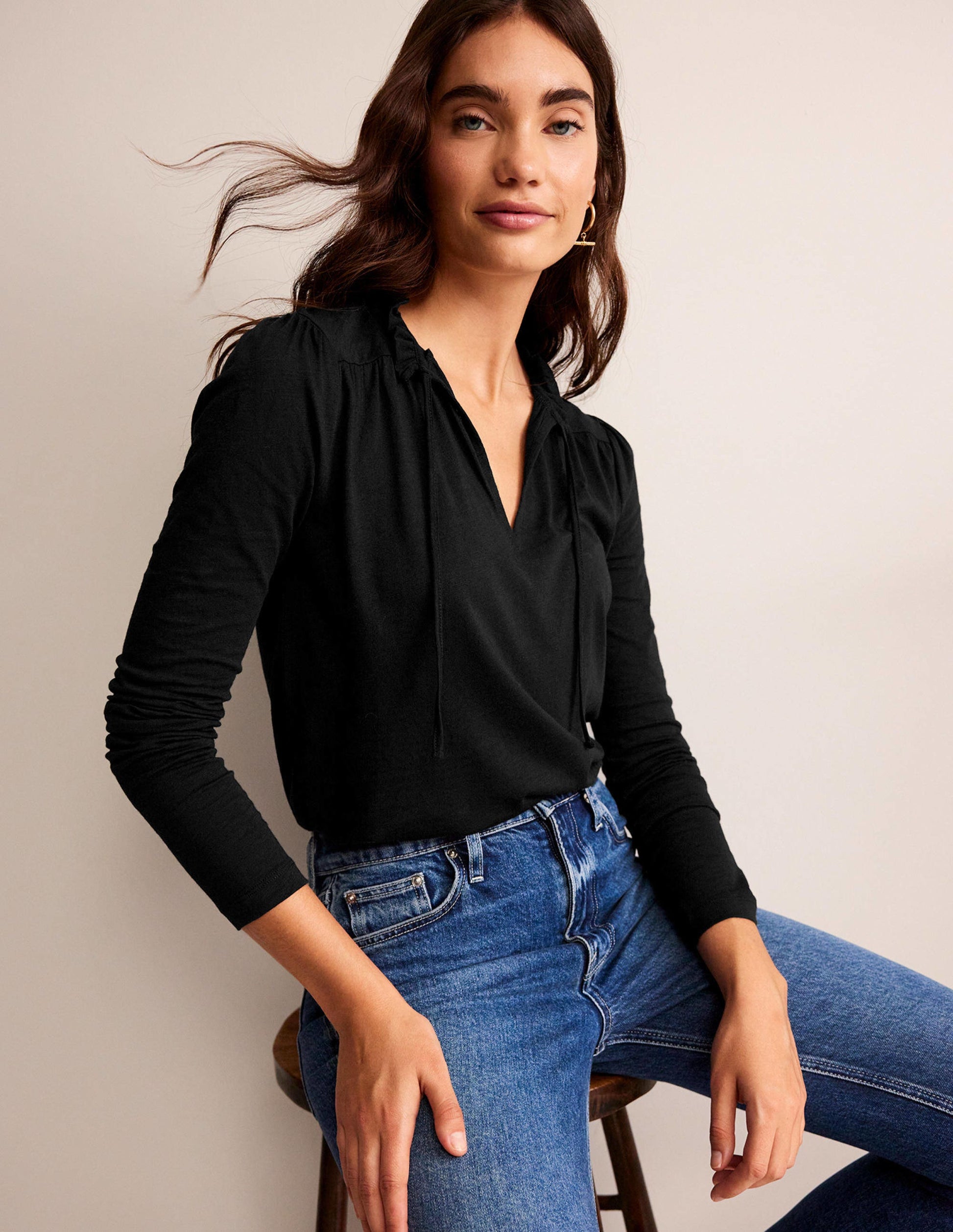Ruffle V Neck Top-Black-1