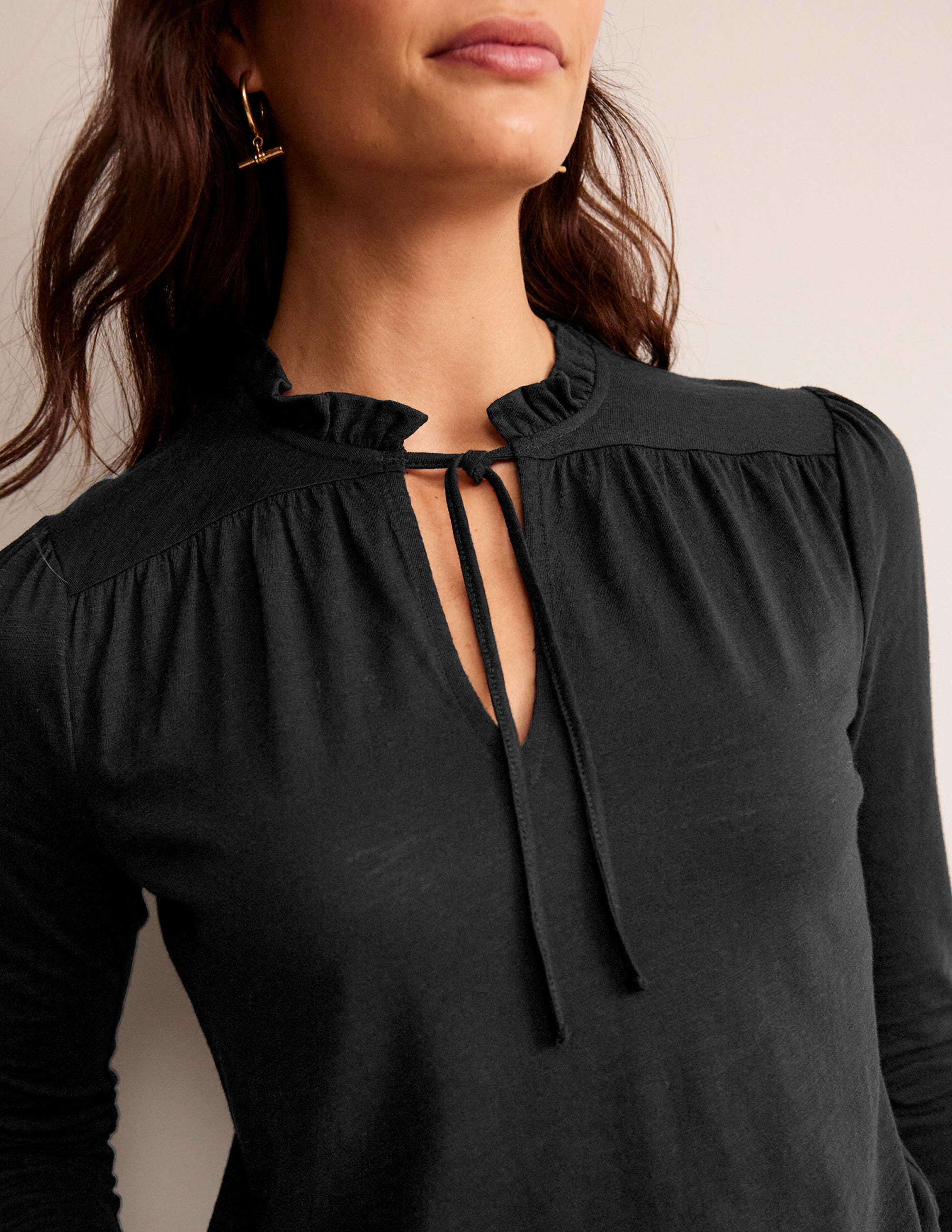 Ruffle V Neck Top-Black - Image 2
