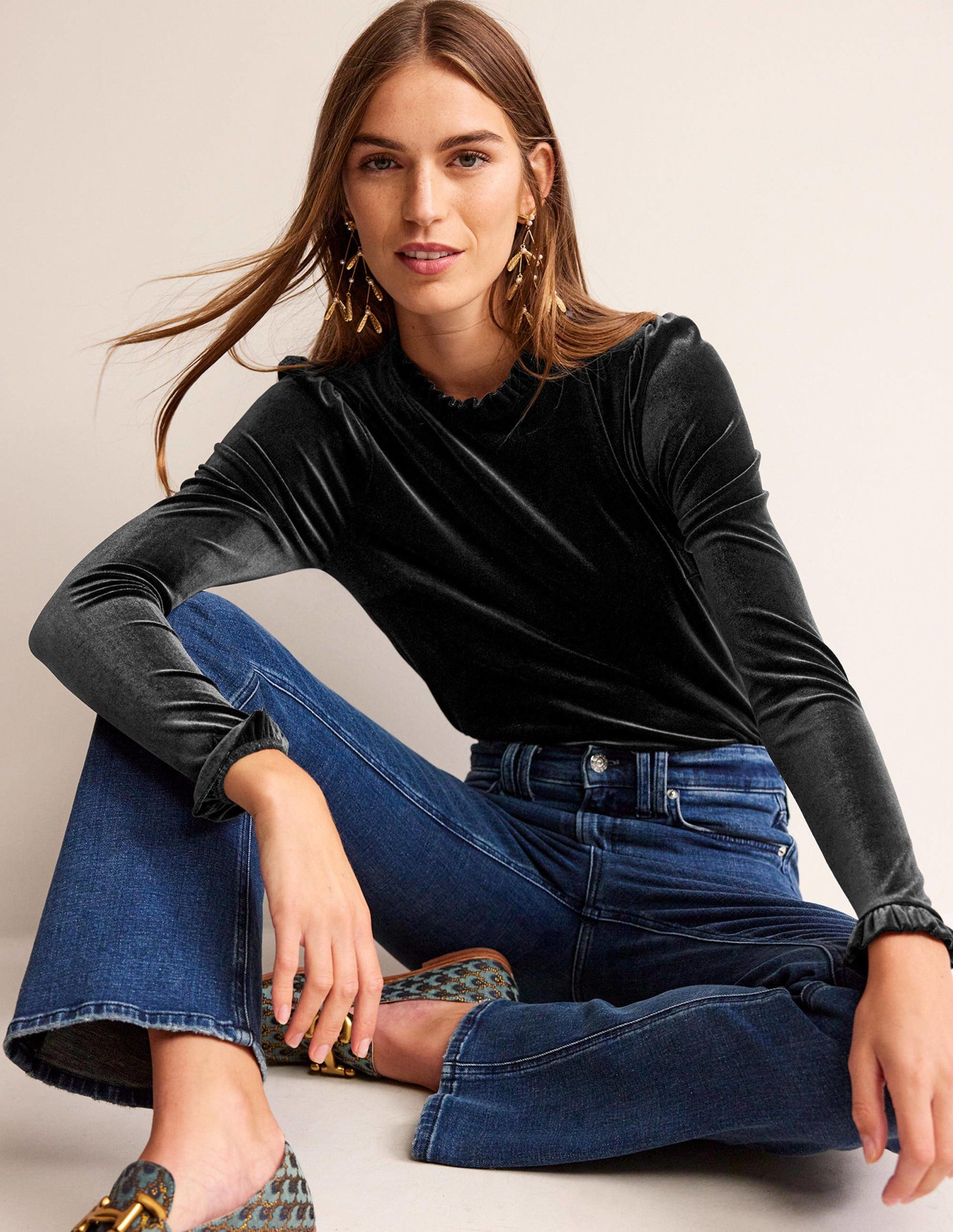 Velvet Frill-Trim Top-Black-1