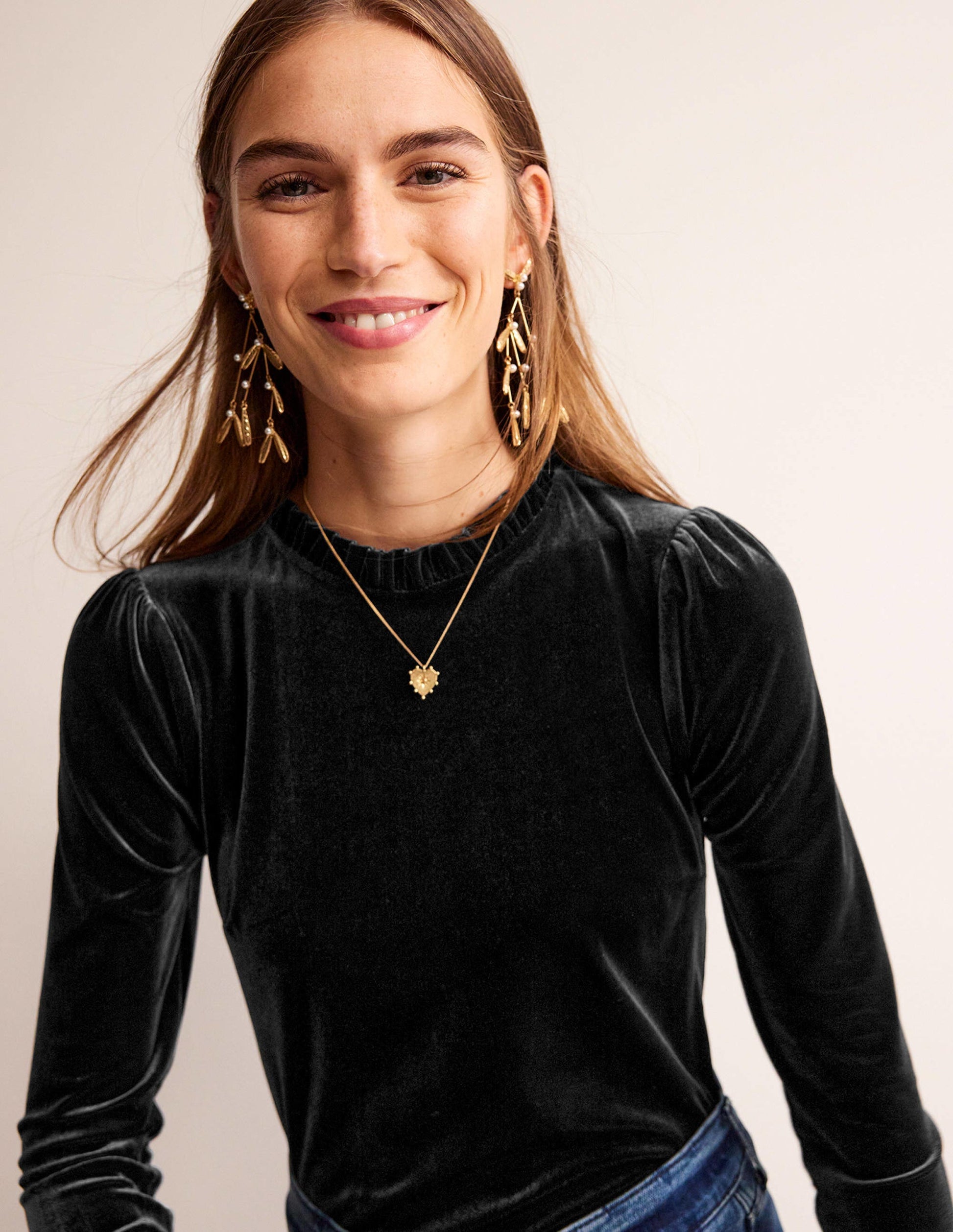 Velvet Frill-Trim Top-Black-2