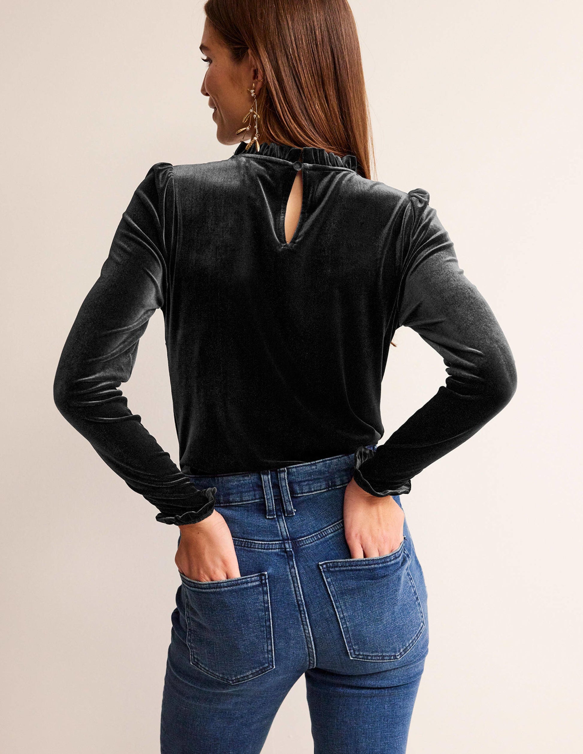 Velvet Frill-Trim Top-Black-3