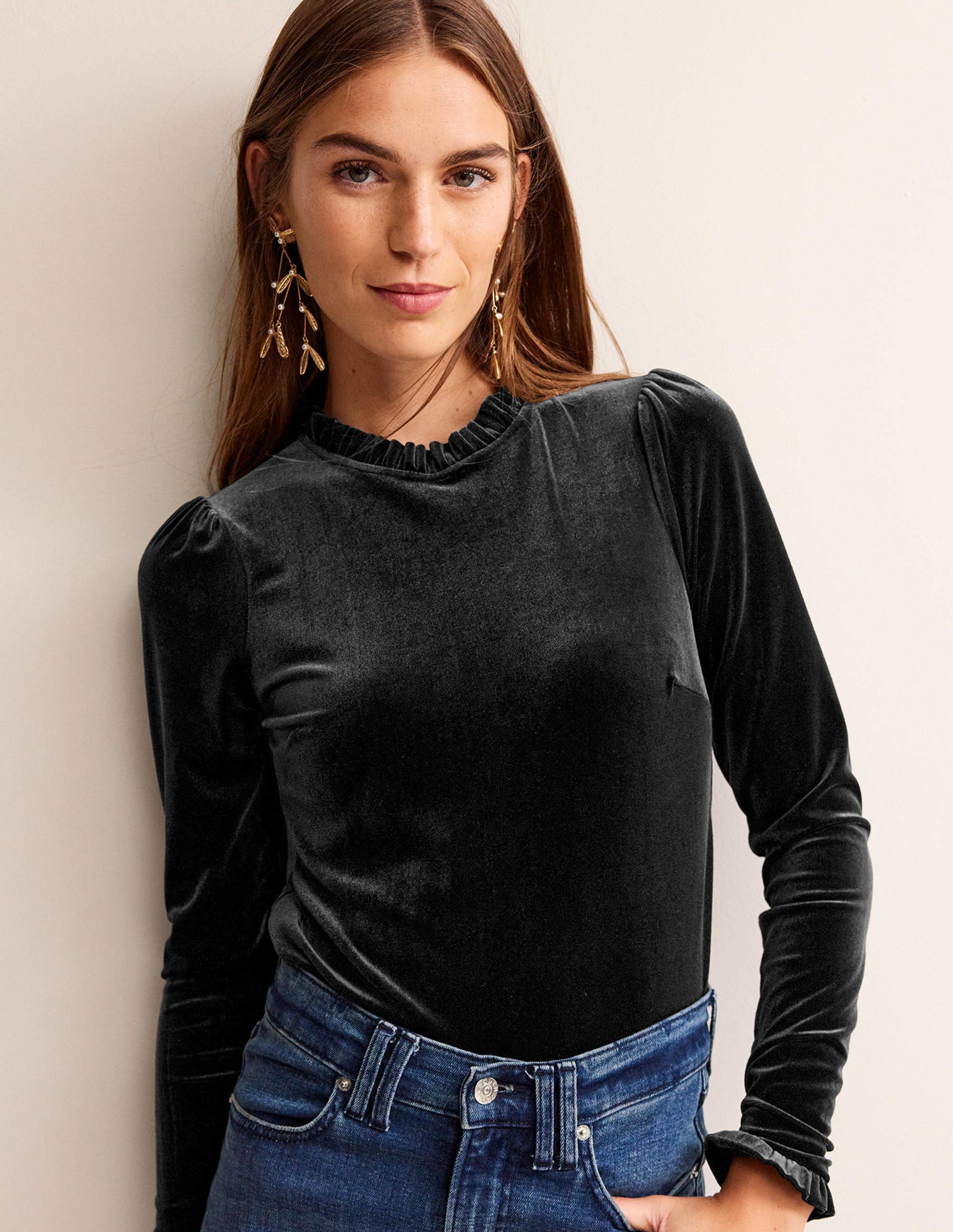 Velvet Frill-Trim Top-Black-4