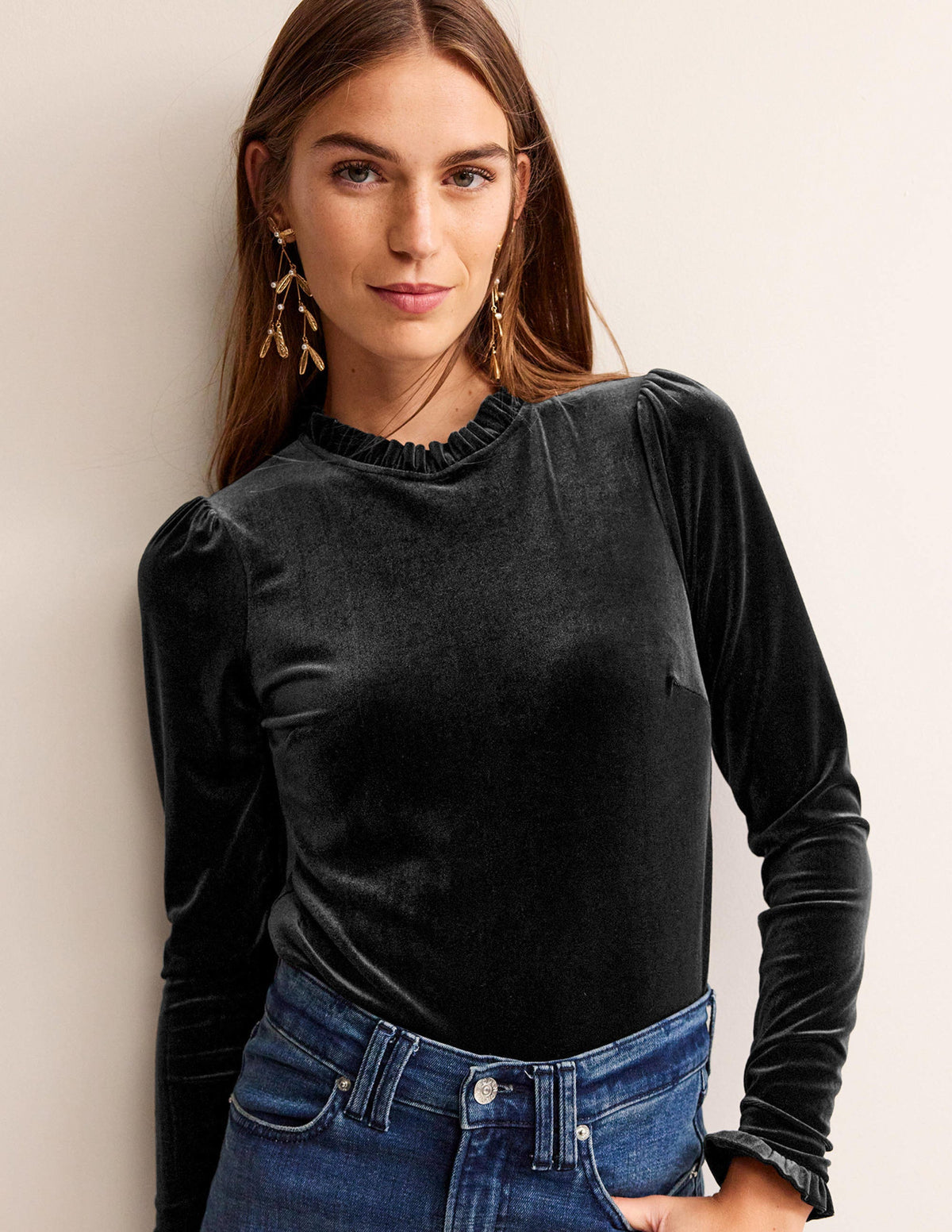 Velvet Frill-Trim Top-Black - Image 4