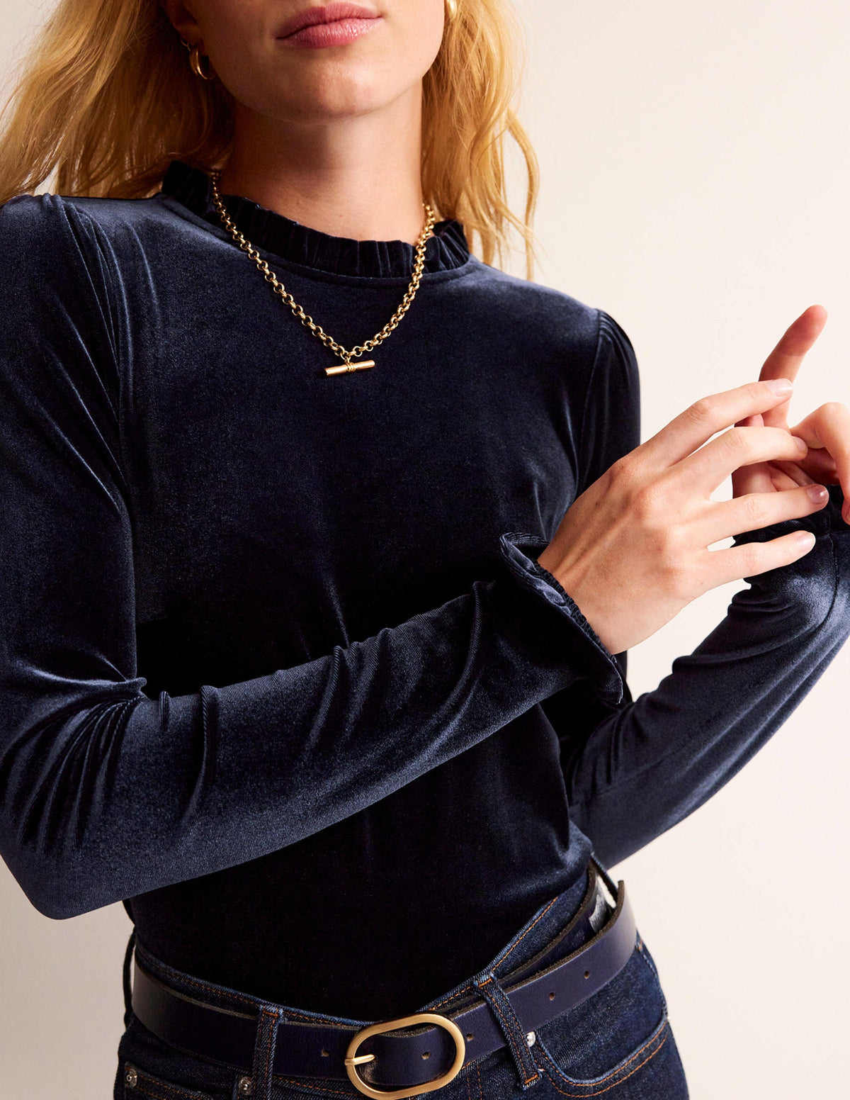 Velvet Frill-Trim Top-Navy-2