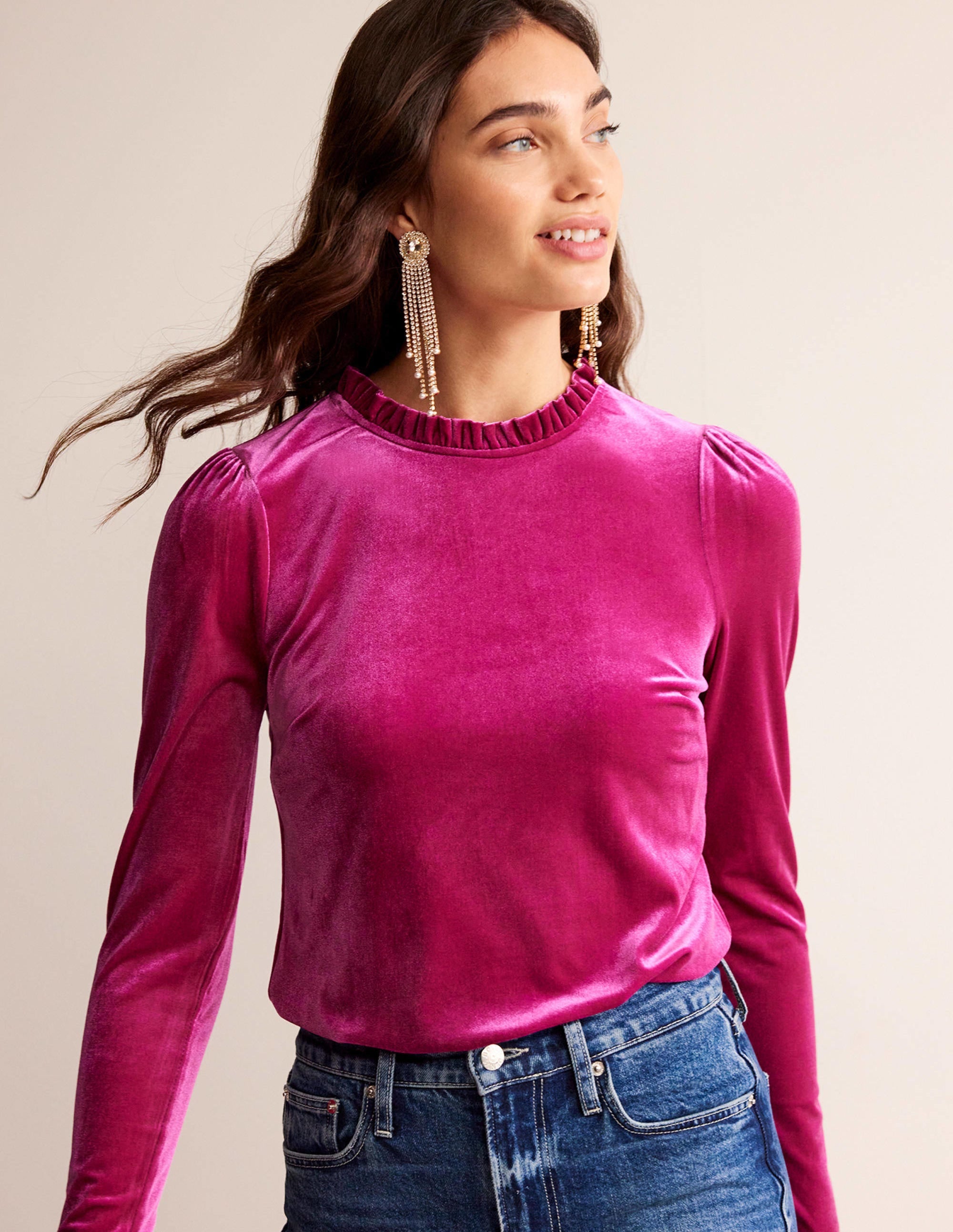 Velvet Frill-Trim Top-Vibrant Plum - Image 4