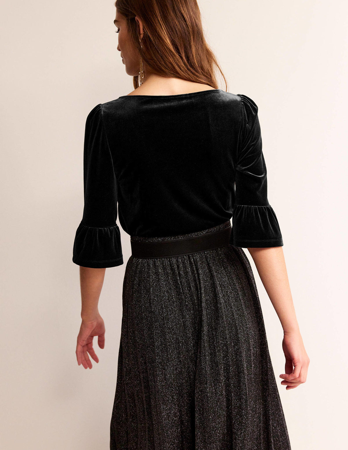 Velvet Ruffle Cuff Top-Black-3