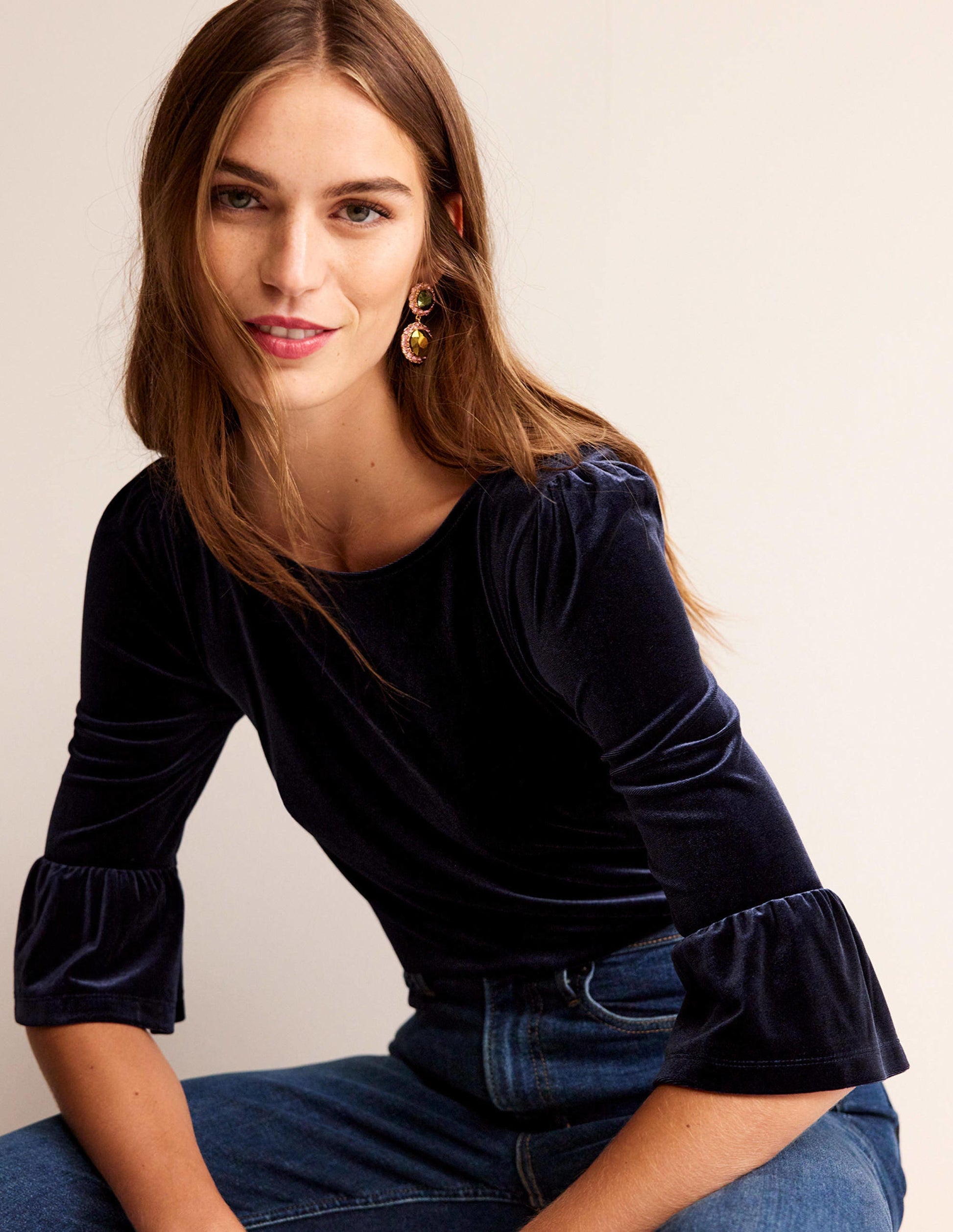 Velvet Ruffle Cuff Top-Navy-1