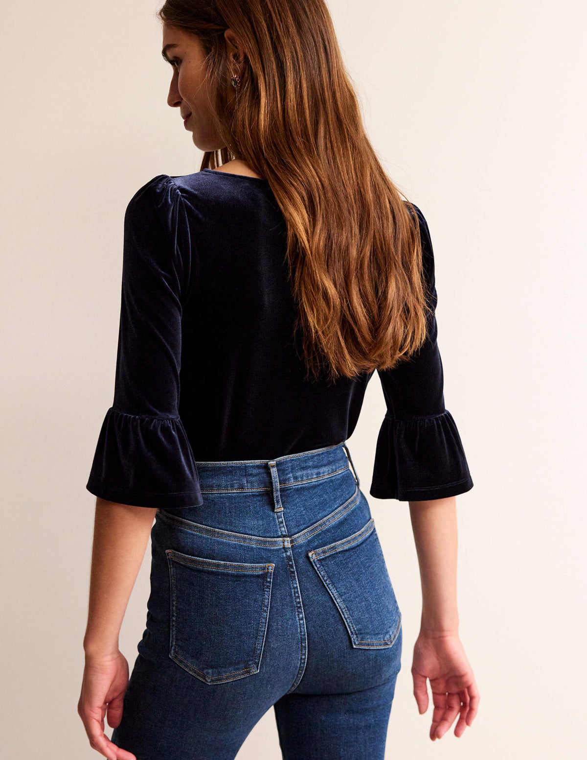 Velvet Ruffle Cuff Top-Navy - Image 3