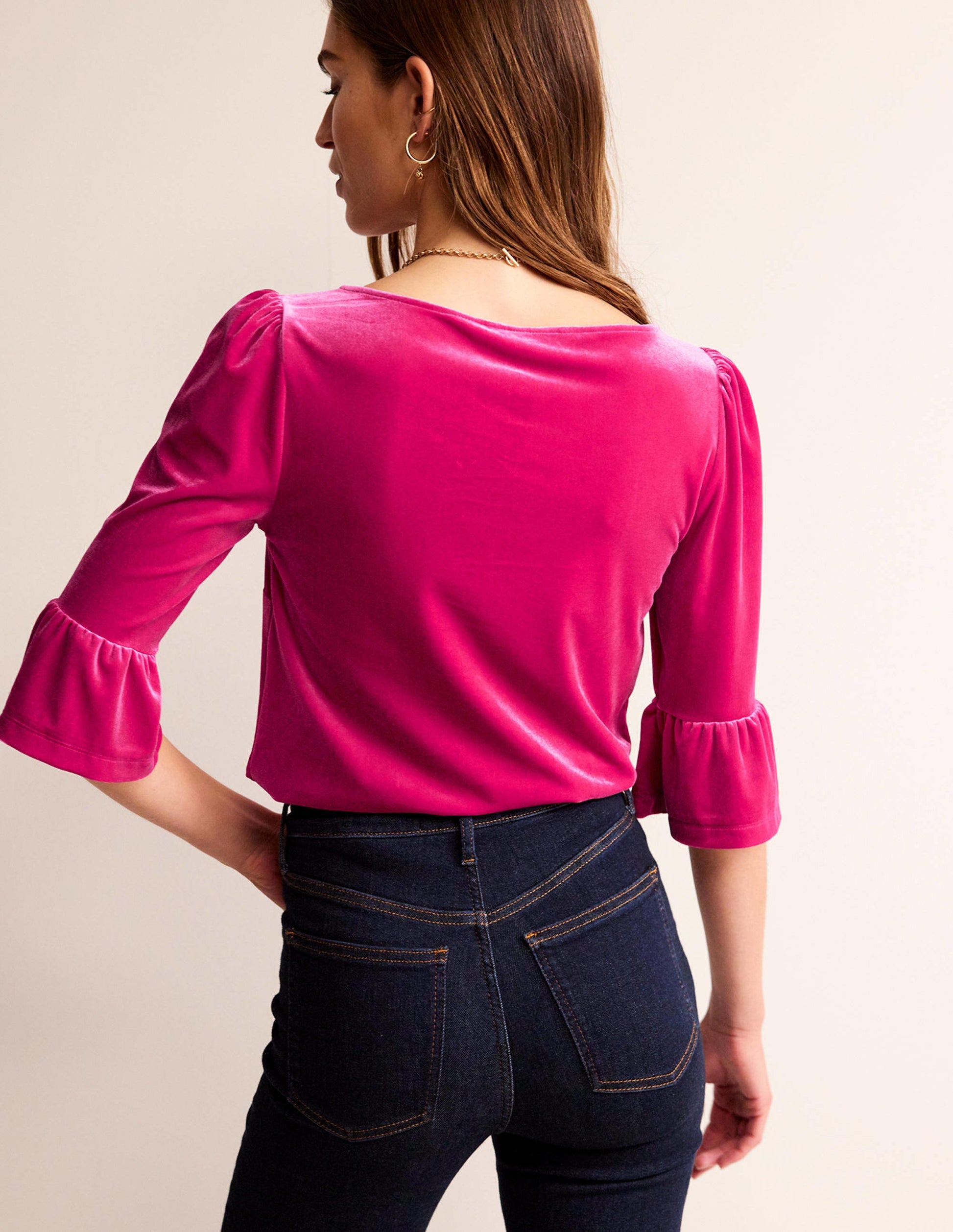 Velvet Ruffle Cuff Top-Vibrant Pink-3