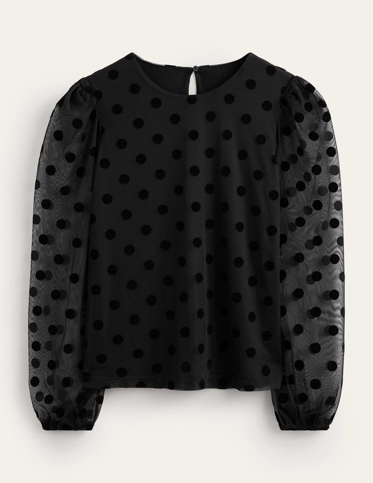 Puff-Sleeve Spotty Tulle Top-Black-8