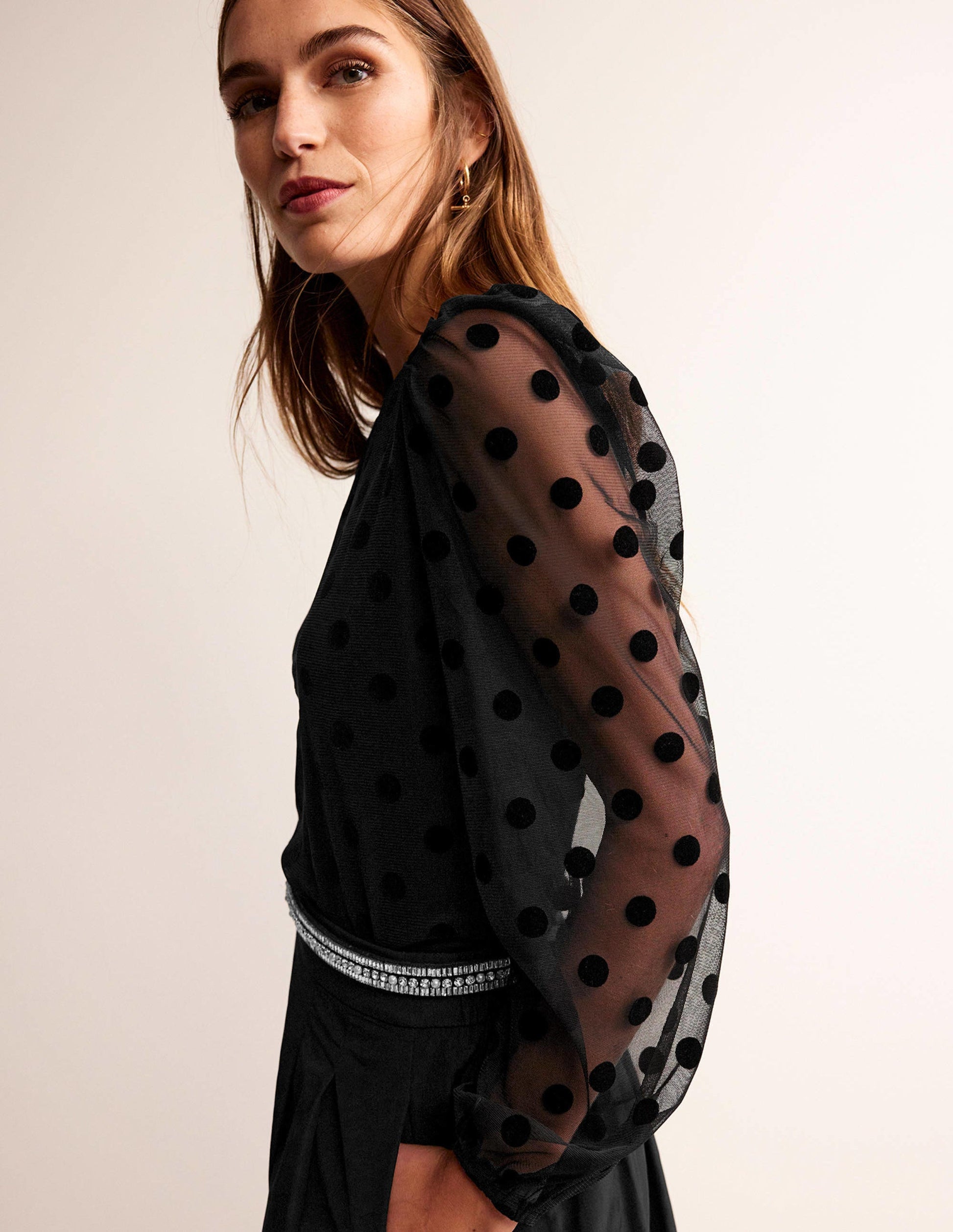 Puff-Sleeve Spotty Tulle Top-Black-1