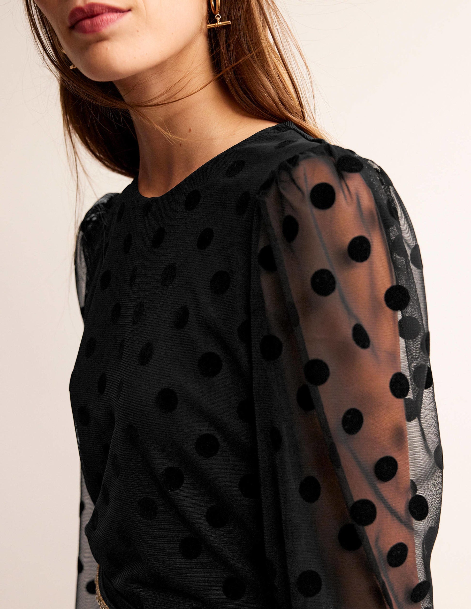 Puff-Sleeve Spotty Tulle Top-Black-2