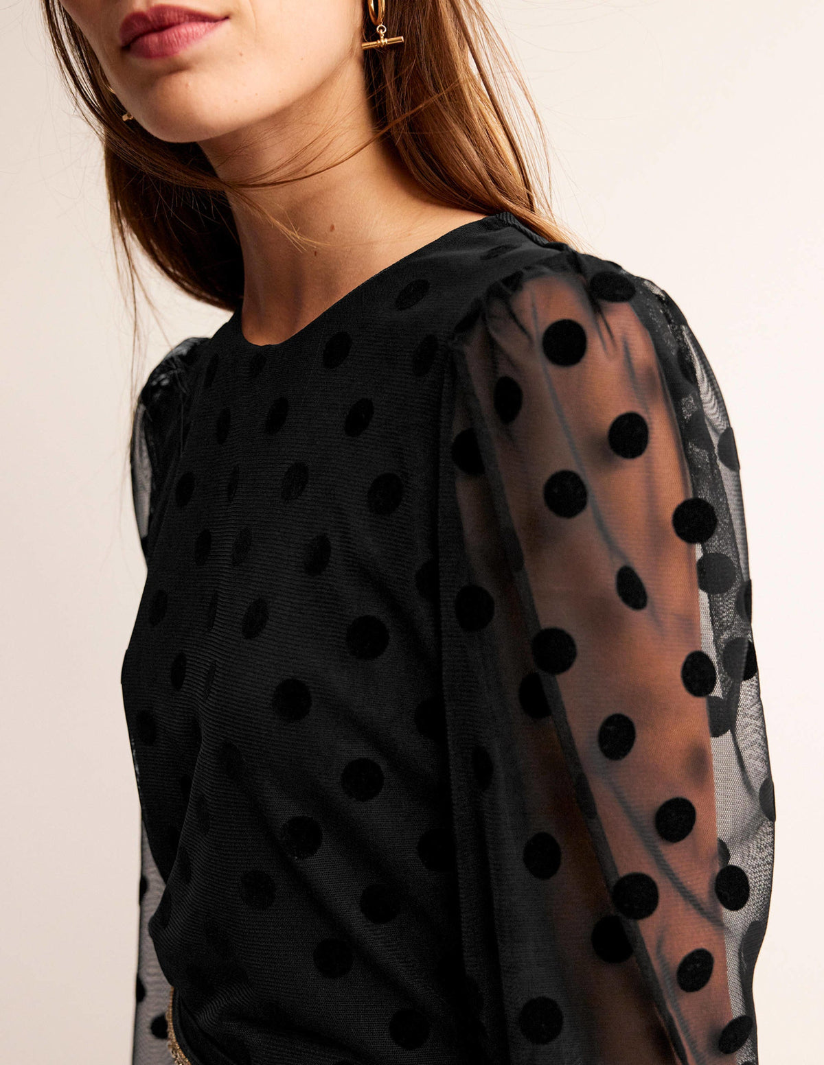 Puff-Sleeve Spotty Tulle Top-Black - Image 2