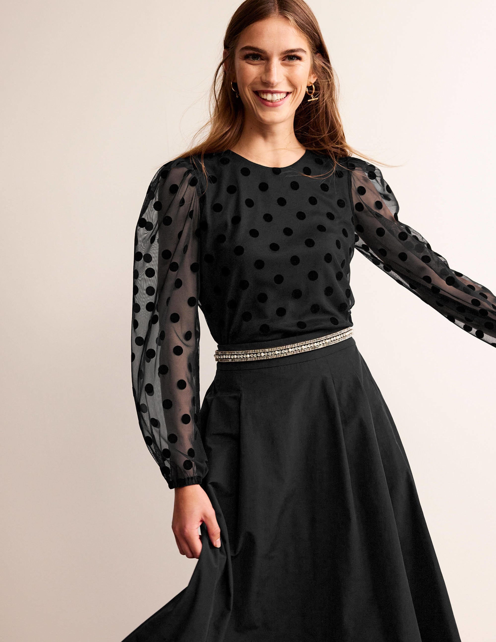 Puff-Sleeve Spotty Tulle Top-Black - Image 4