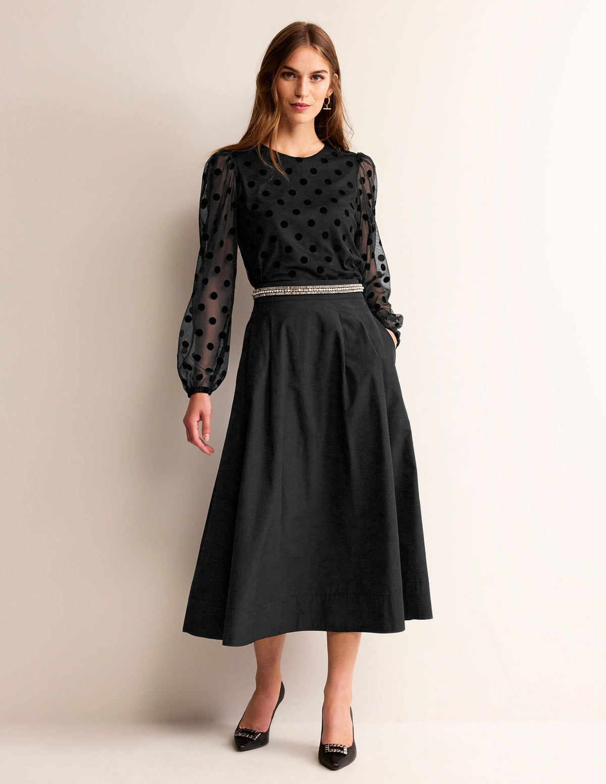 Puff-Sleeve Spotty Tulle Top-Black - Image 5