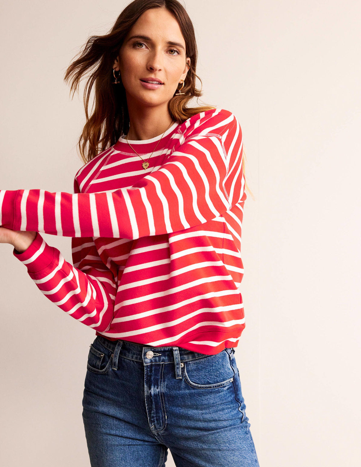 Striped Raglan Sweatshirt-Red, Ivory - Image 4