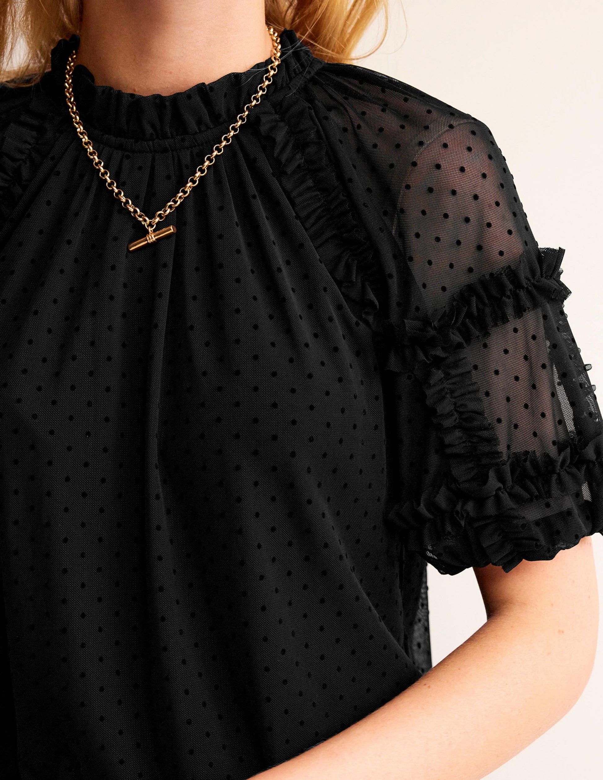 Short-Sleeve Spotty Tulle Top-Black-2