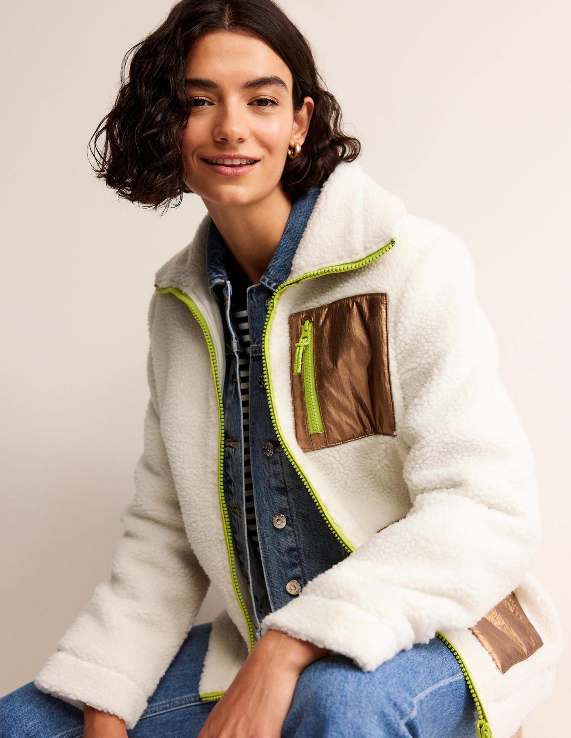 Funnel-Neck Borg Jacket-Ivory, Metallic-1