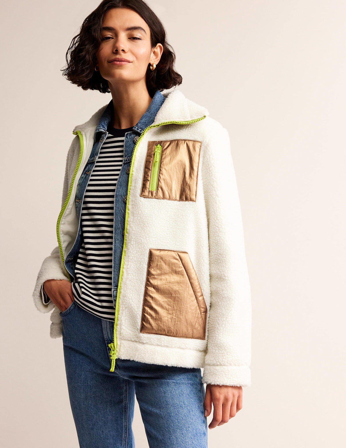 Funnel-Neck Borg Jacket-Ivory, Metallic - Image 5