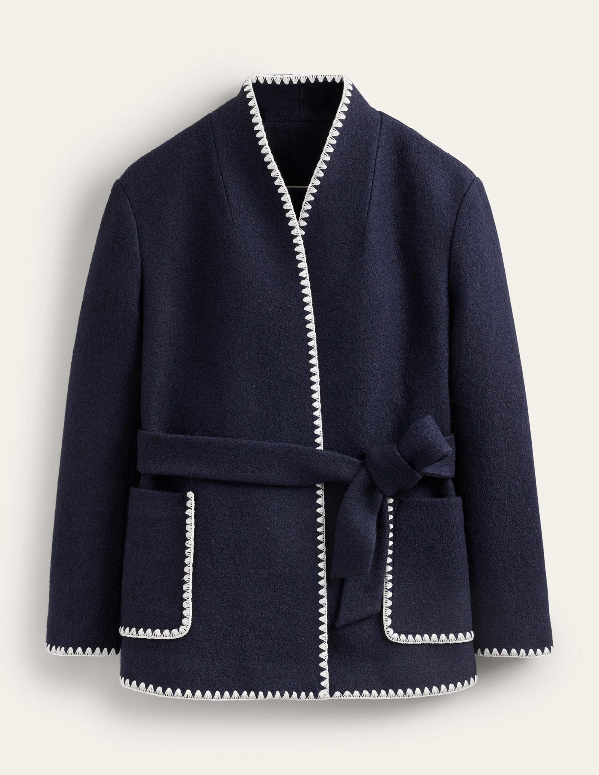 Belted Short Wrap Coat-Navy - Image 7