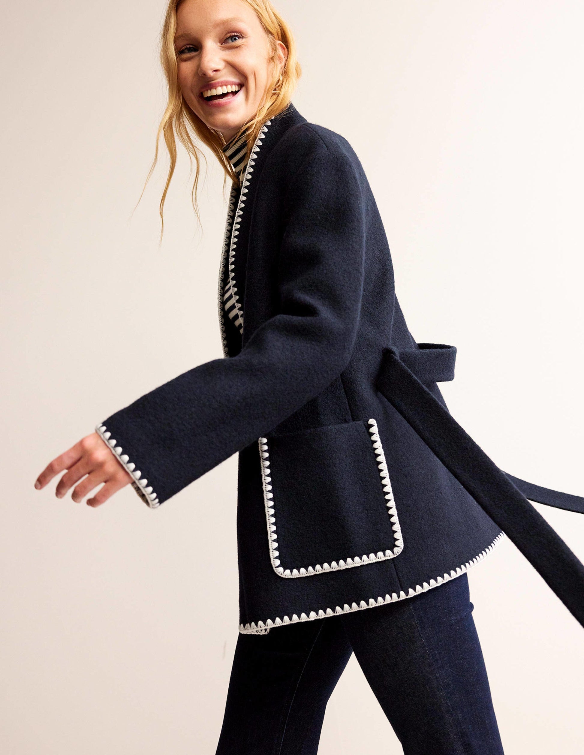 Belted Short Wrap Coat-Navy-3