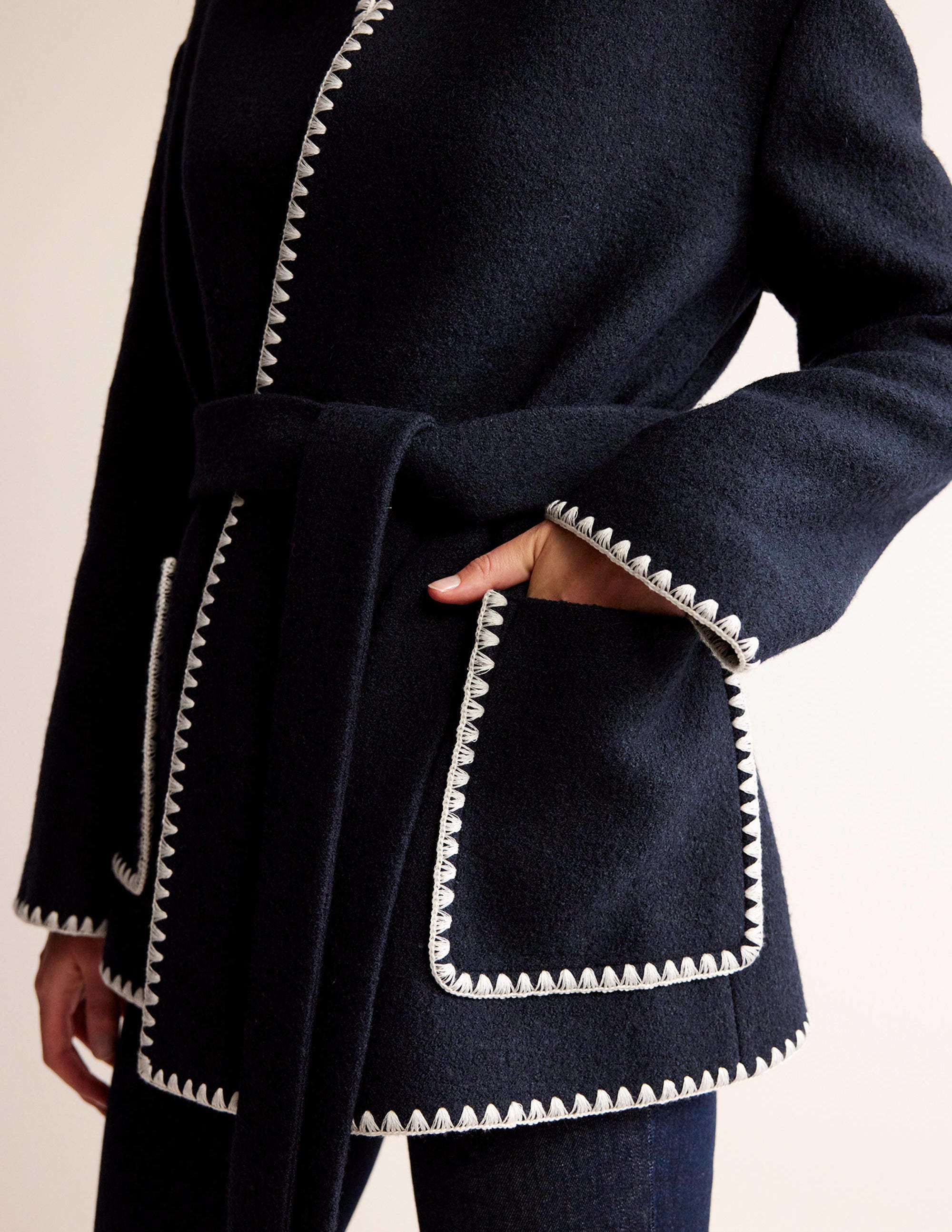 Belted Short Wrap Coat-Navy - Image 4