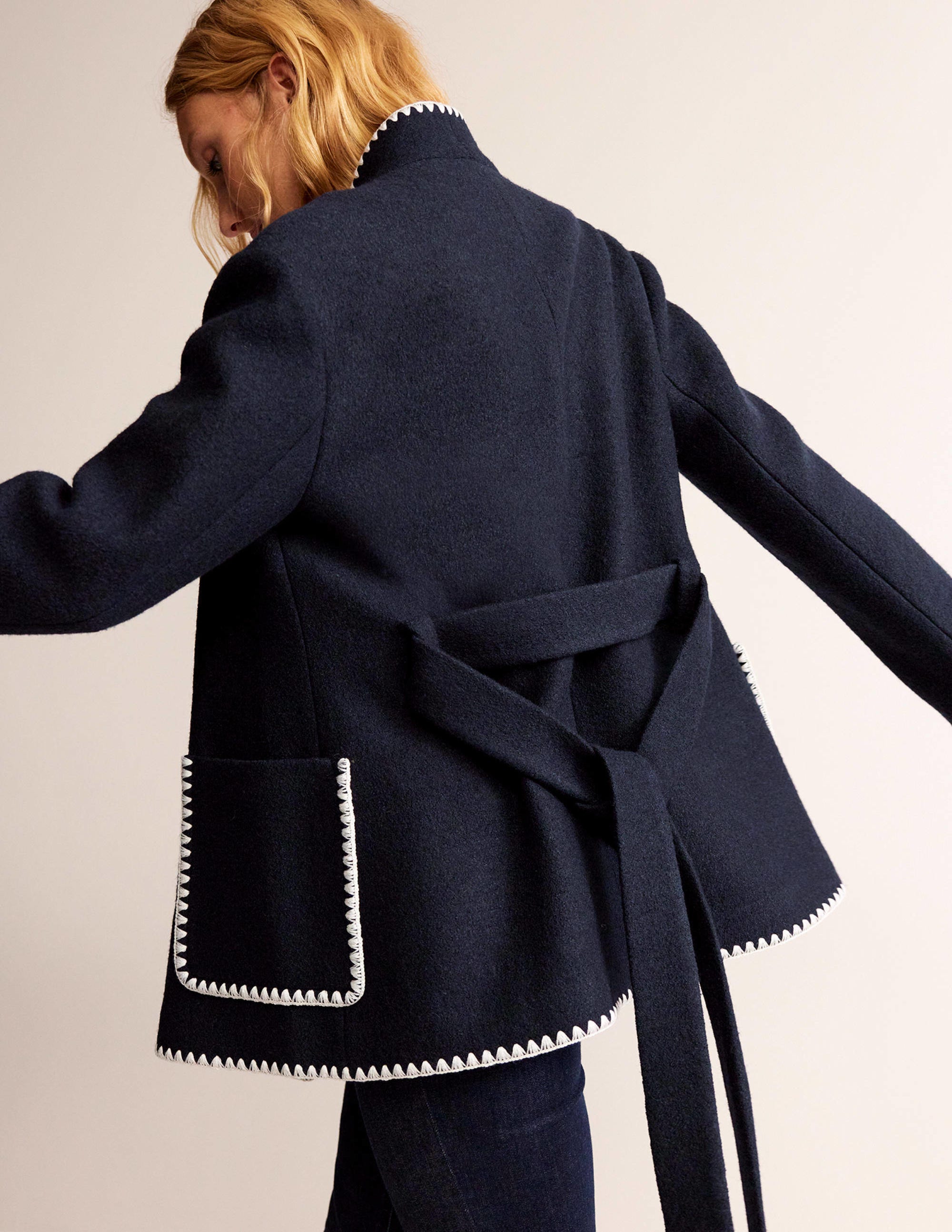 Belted Short Wrap Coat-Navy - Image 5