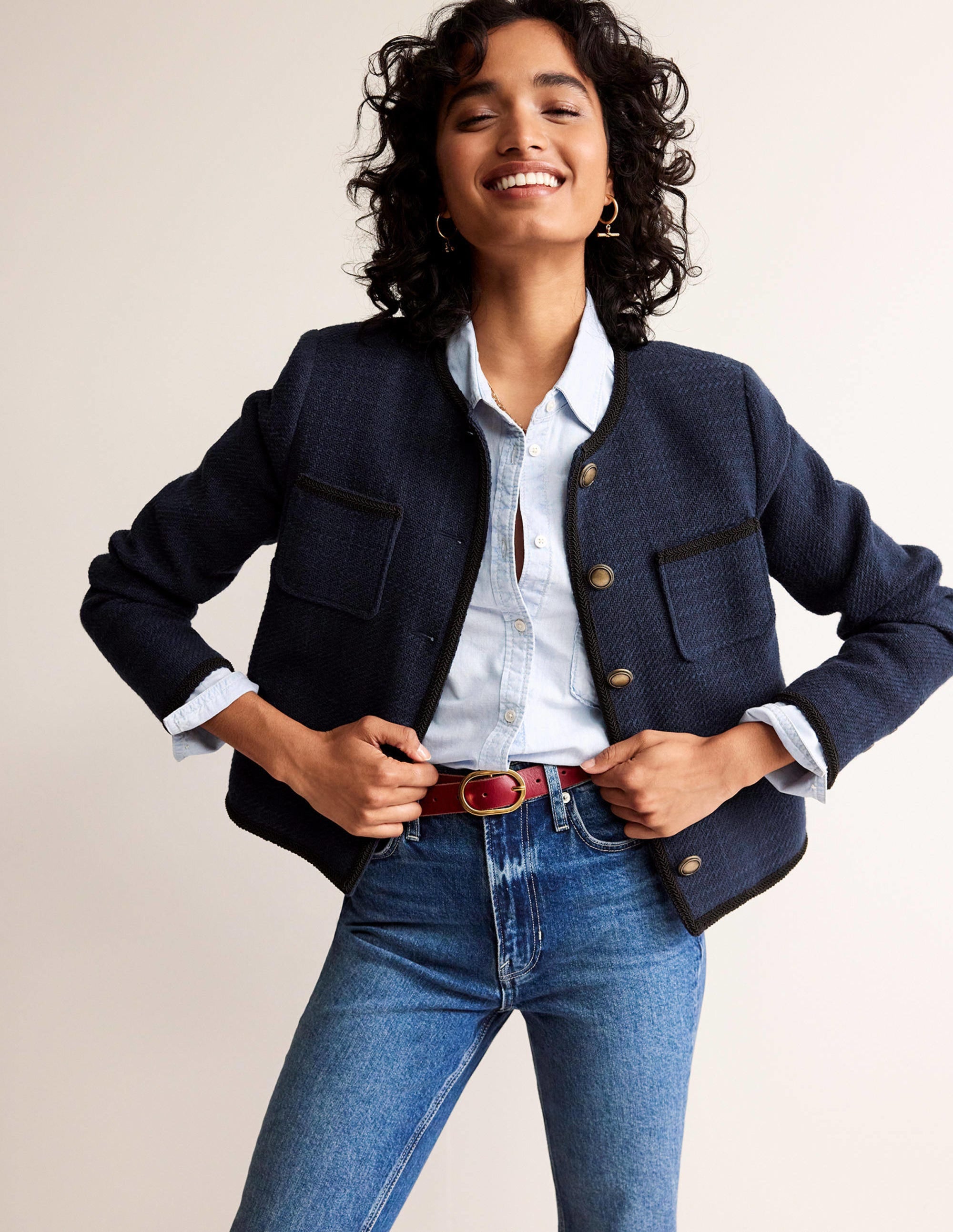 Trimmed Textured Jacket-Evening Blue - Image 1