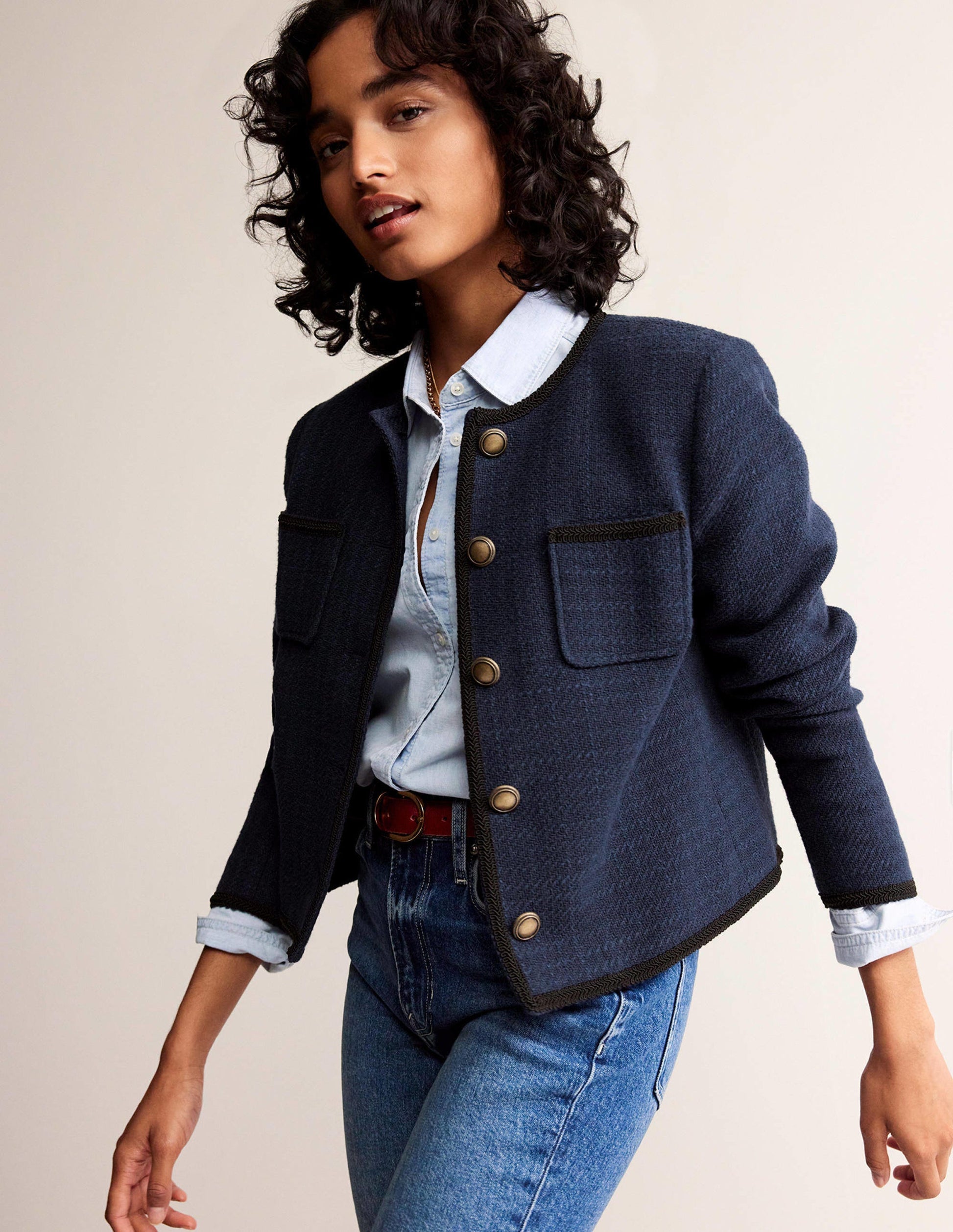 Trimmed Textured Jacket-Evening Blue-4