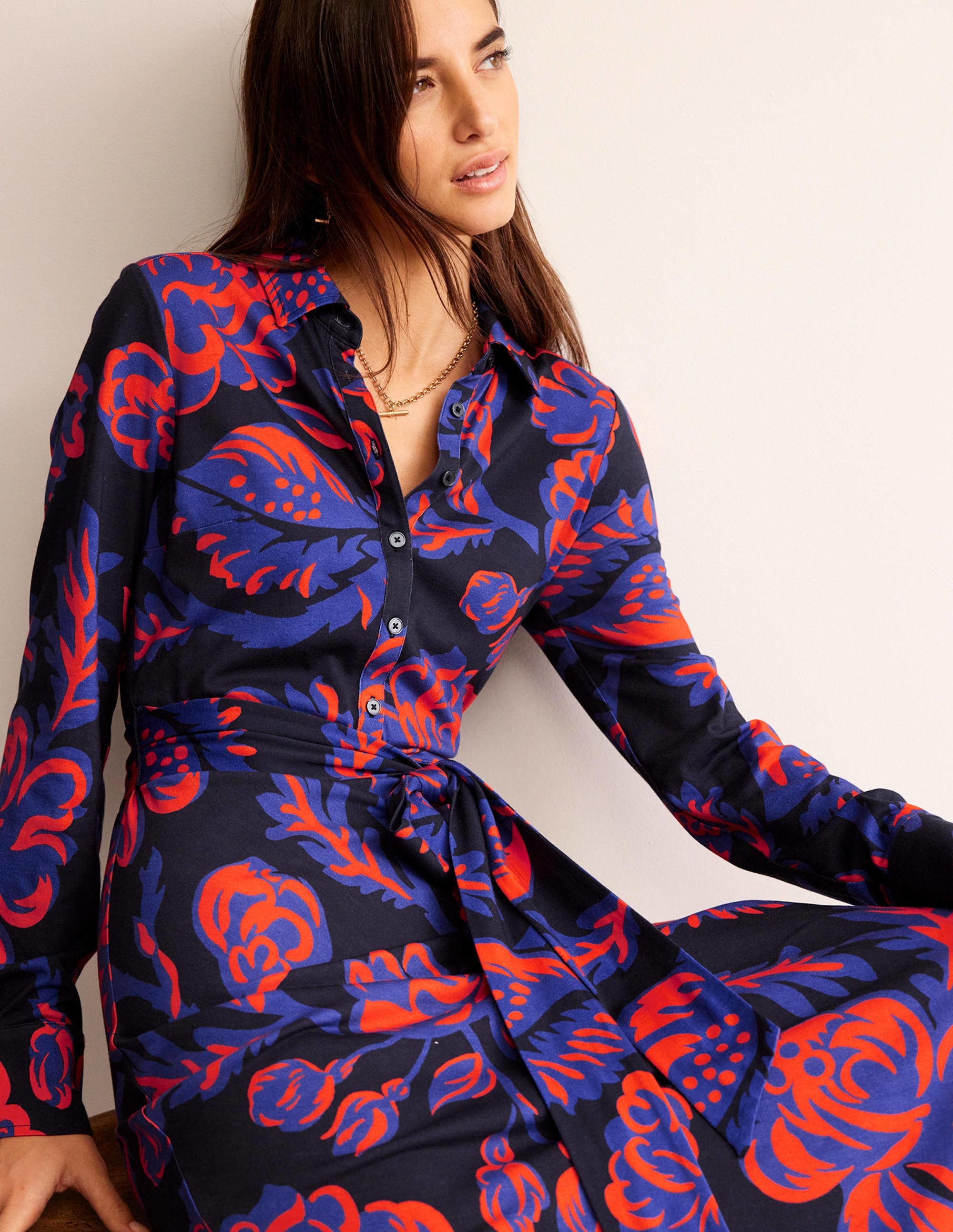 Laura Jersey Midi Shirt Dress-French Navy, Rose Blush - Image 4