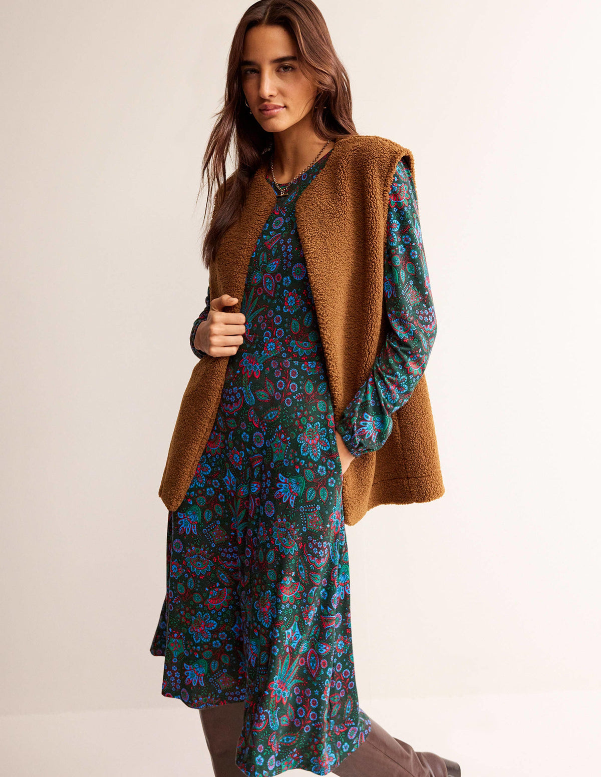 Camille Jersey Midi Dress-Chatsworth Green, Azalea Bloom - Image 1