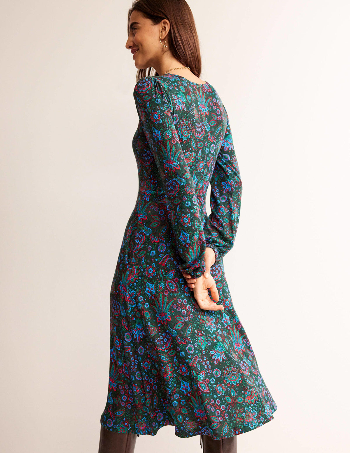 Camille Jersey Midi Dress-Chatsworth Green, Azalea Bloom - Image 3