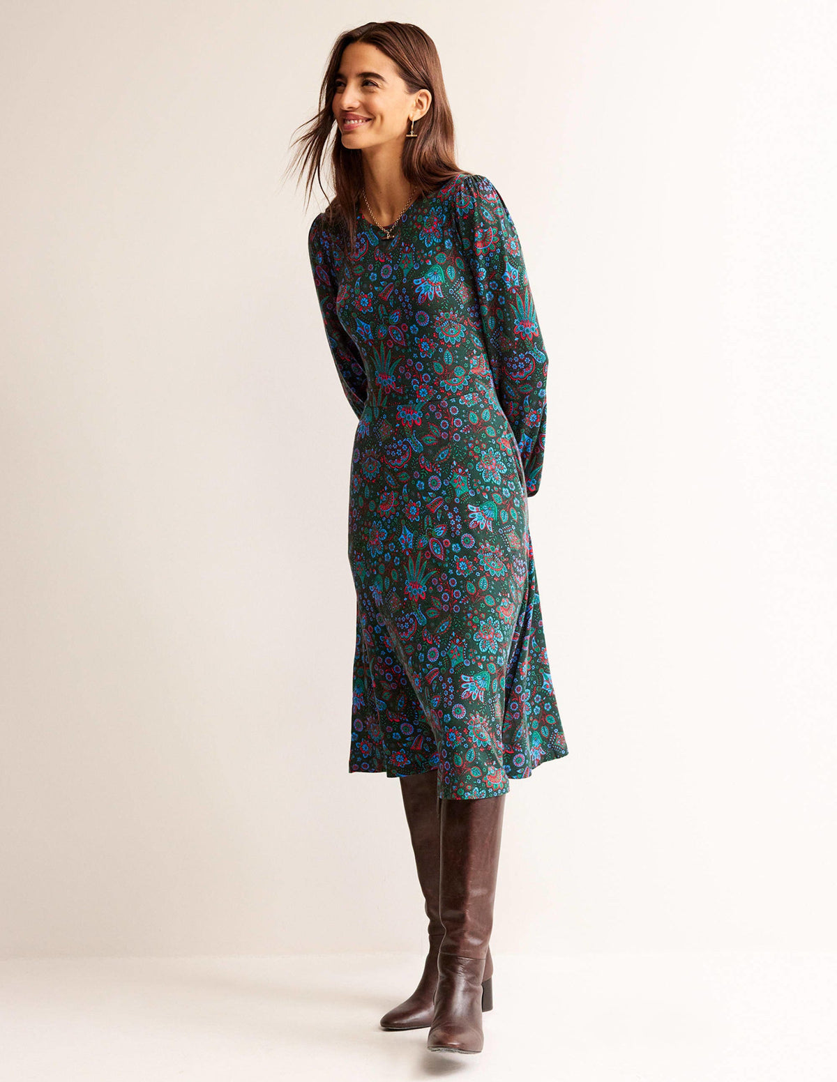 Camille Jersey Midi Dress-Chatsworth Green, Azalea Bloom - Image 4