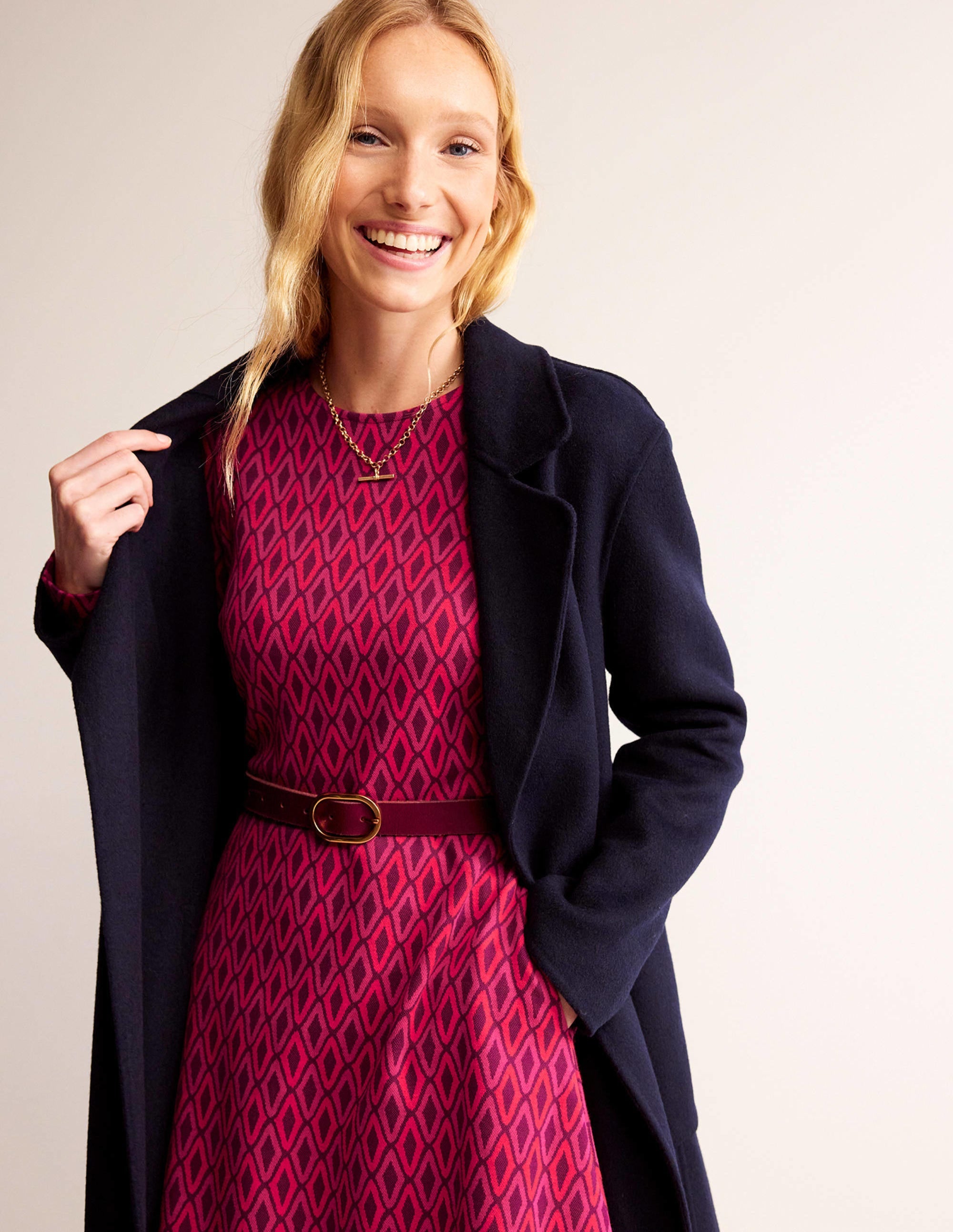 Jacquard A-Line Short Dress-Vibrant Pink, Azure Jacquard - Image 1