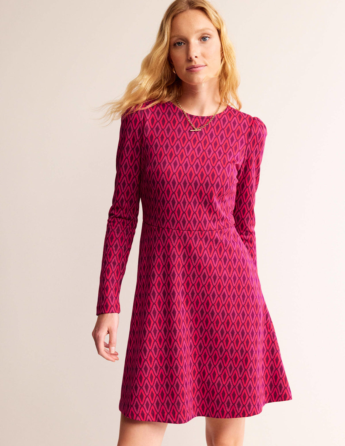 Jacquard A-Line Short Dress-Vibrant Pink, Azure Jacquard - Image 2