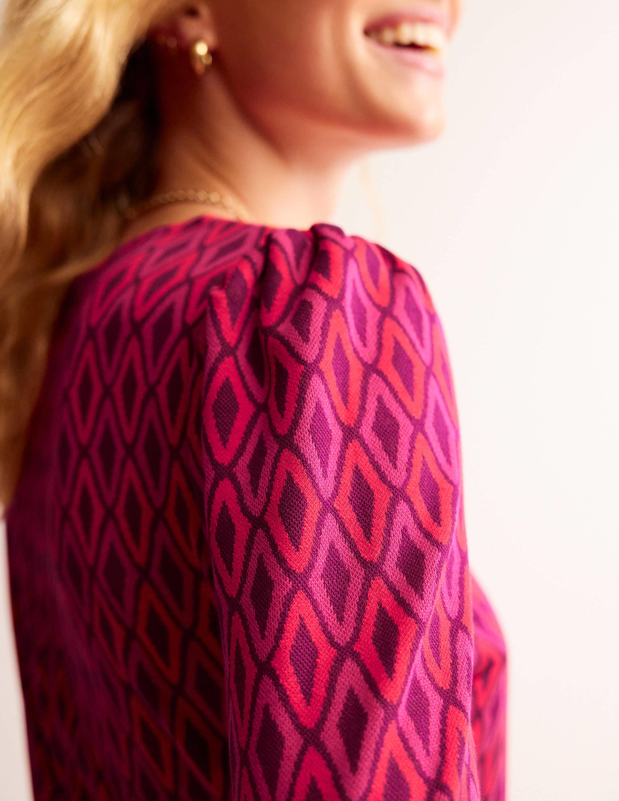 Jacquard A-Line Short Dress-Vibrant Pink, Azure Jacquard - Image 3