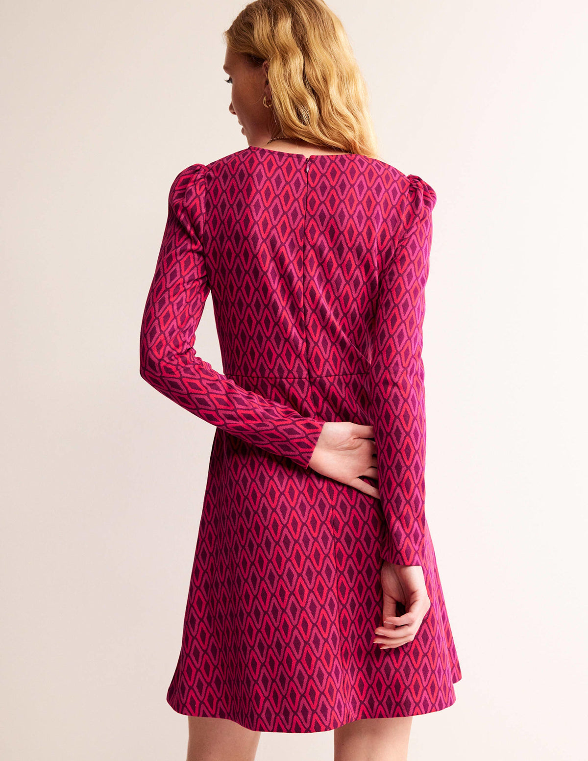Jacquard A-Line Short Dress-Vibrant Pink, Azure Jacquard - Image 4
