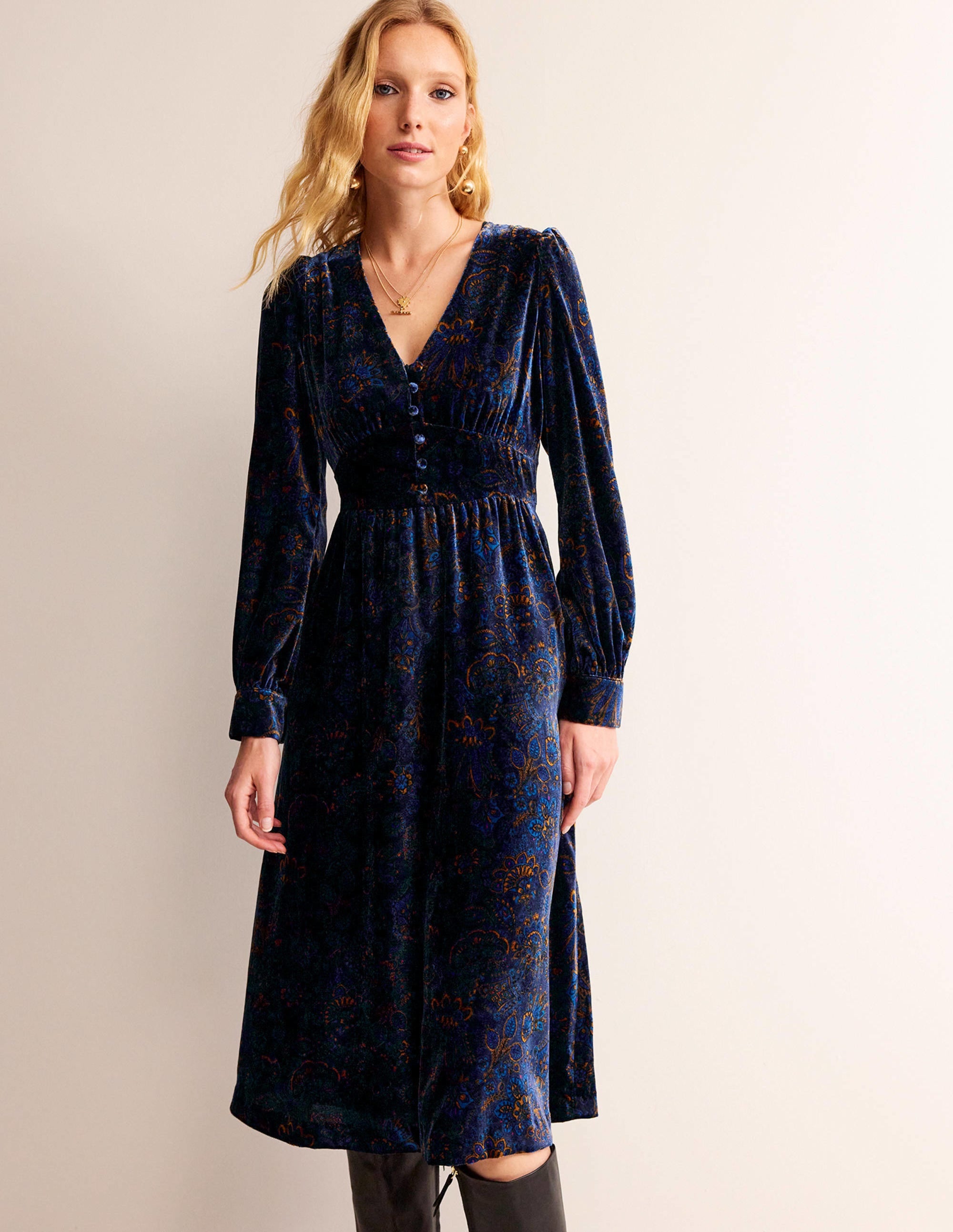 Elise Velvet Midi Dress-French Navy, Azalea Bloom - Image 2