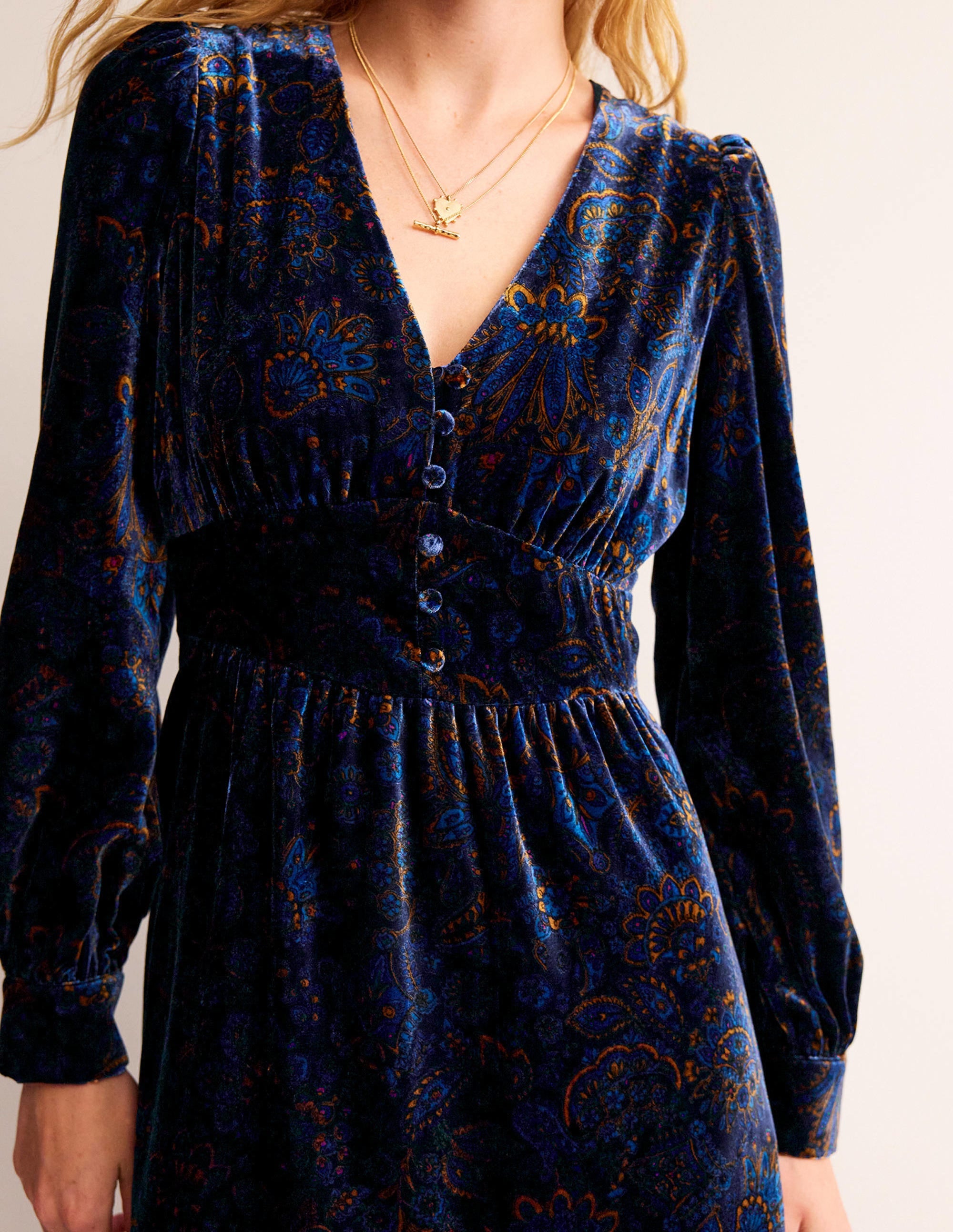 Elise Velvet Midi Dress-French Navy, Azalea Bloom - Image 4
